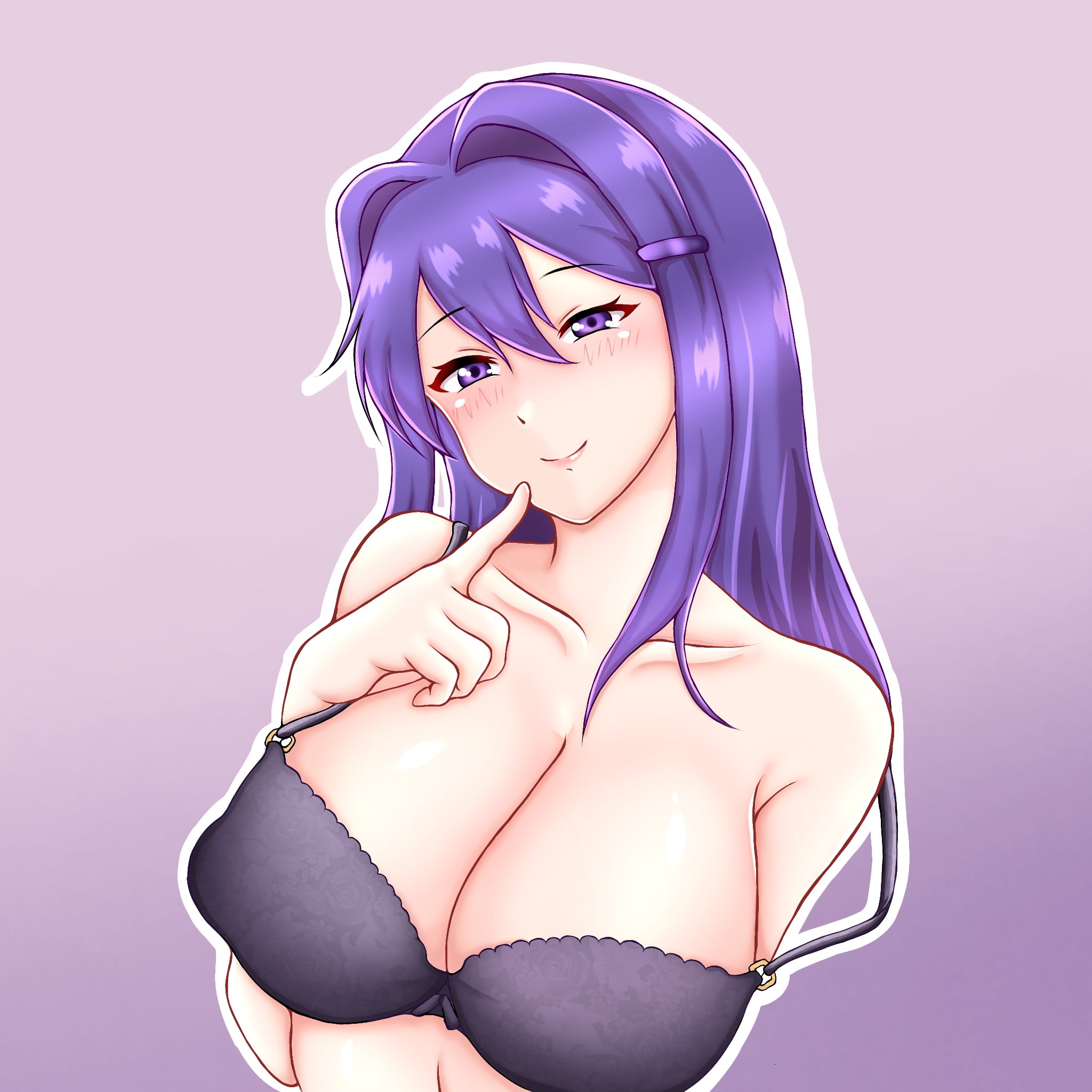 1girls, big breasts, blush, bra, breasts, cleavage, doki doki literature club, female, kun kaiss, long hair, outline, purple background, purple hair, white outline, yuri (doki doki literature club)