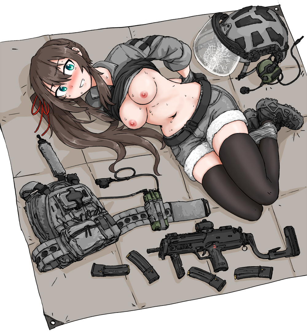 blush bondage brown_hair dutchko escape_from_tarkov gun looking_at_viewer nipples shorts smile submachine_gun sweat tape_bondage termichan_(not-a-bot) thighhighs