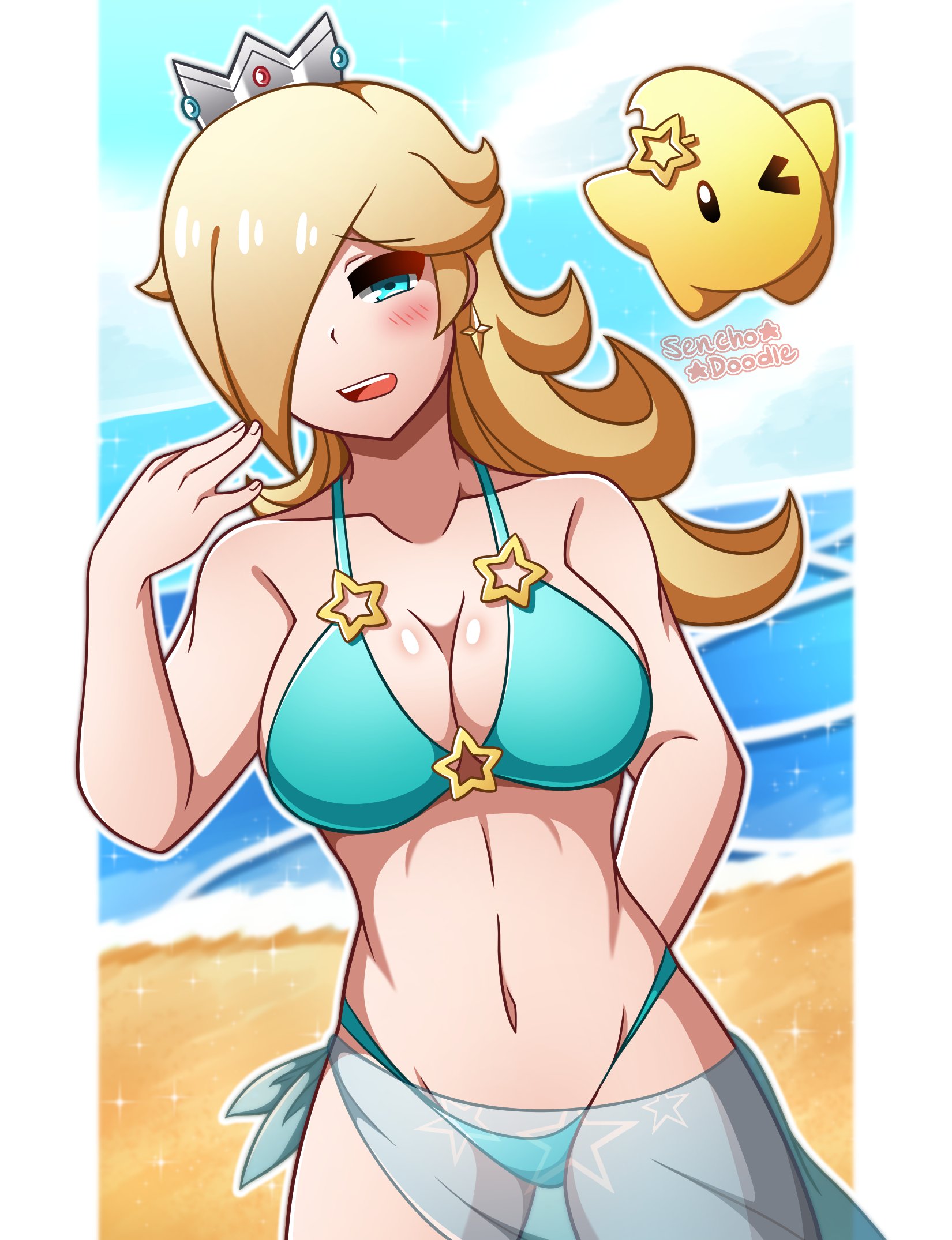 1girls, beach, bikini, blonde hair, blush, breasts, crown, female, female only, luma, mario (series), nintendo, open mouth, princess rosalina, senchodoodle, solo, super mario galaxy, wink