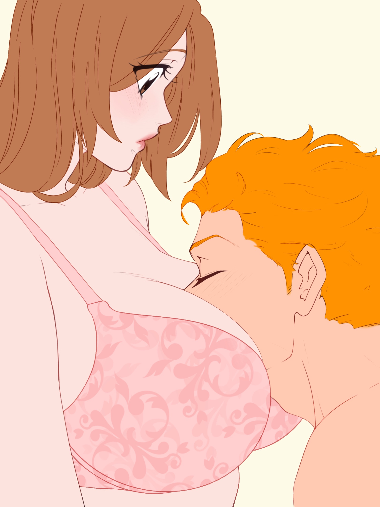 1boy, 1girls, adult, big breasts, bleach, bleach: the thousand-year blood war, blush, bra, breasts, brown hair, cleavage, female, head between breasts, huge breasts, ichigo kurosaki, inoue orihime, kurosaki ichigo, long hair, male, nuzzling, orange hair, short hair, tanukilk