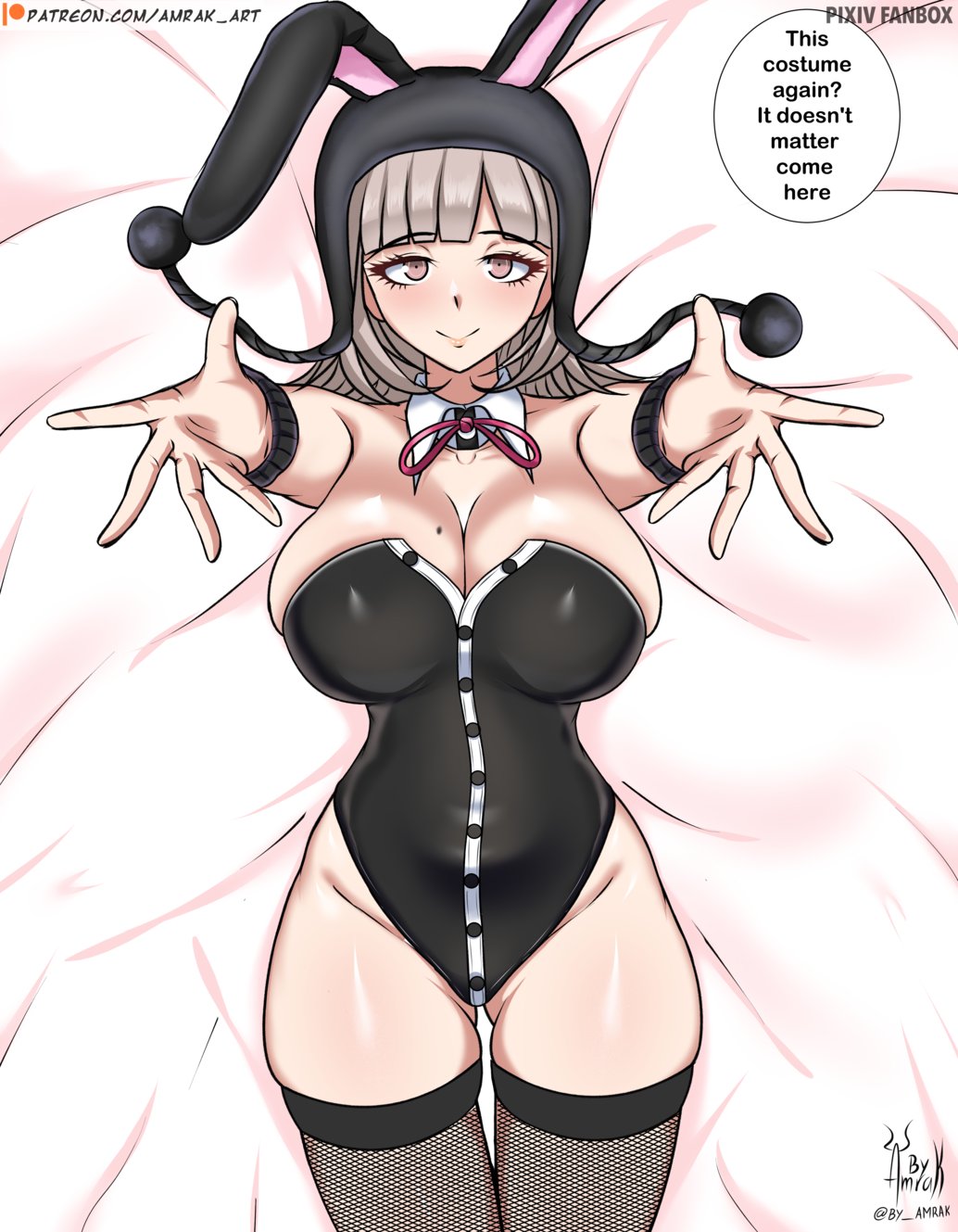1girls, amrak, bunny, bunny costume, bunny girl, bunnysuit, danganronpa, danganronpa 2: goodbye despair, female, female only, hug invitation, looking at viewer, nanami chiaki, paid reward available, smile, solo, solo female, solo focus, stockings, straight hair