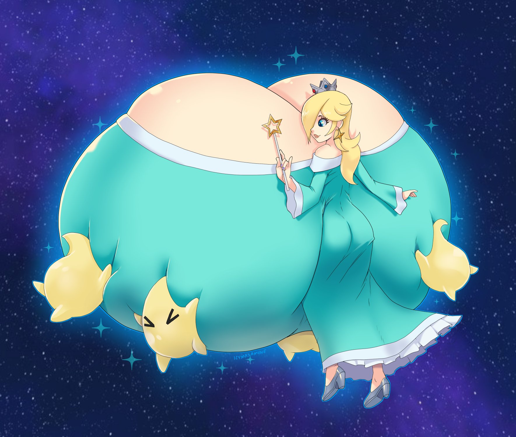 1girls, big breasts, breasts, breasts bigger than head, breasts bigger than torso, bursting breasts, clothed, enormous breasts, female, galaxy, huge breasts, hyper, hyper breasts, icymasamune, long hair, luma, mario (series), massive breasts, nintendo, princess rosalina, super mario galaxy, tagme