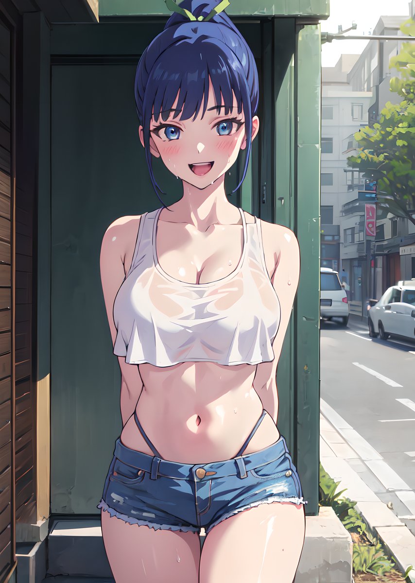 1girls ai_generated arms_behind_back big_breasts blue_eyes blue_hair blush busty denim denim_shorts large_breasts legs long_hair looking_at_viewer megami_no_kafeterasu midriff navel open_mouth ponytail shorts smile solo sweat tank_top thighs thong tsuruga_ami voluptuous