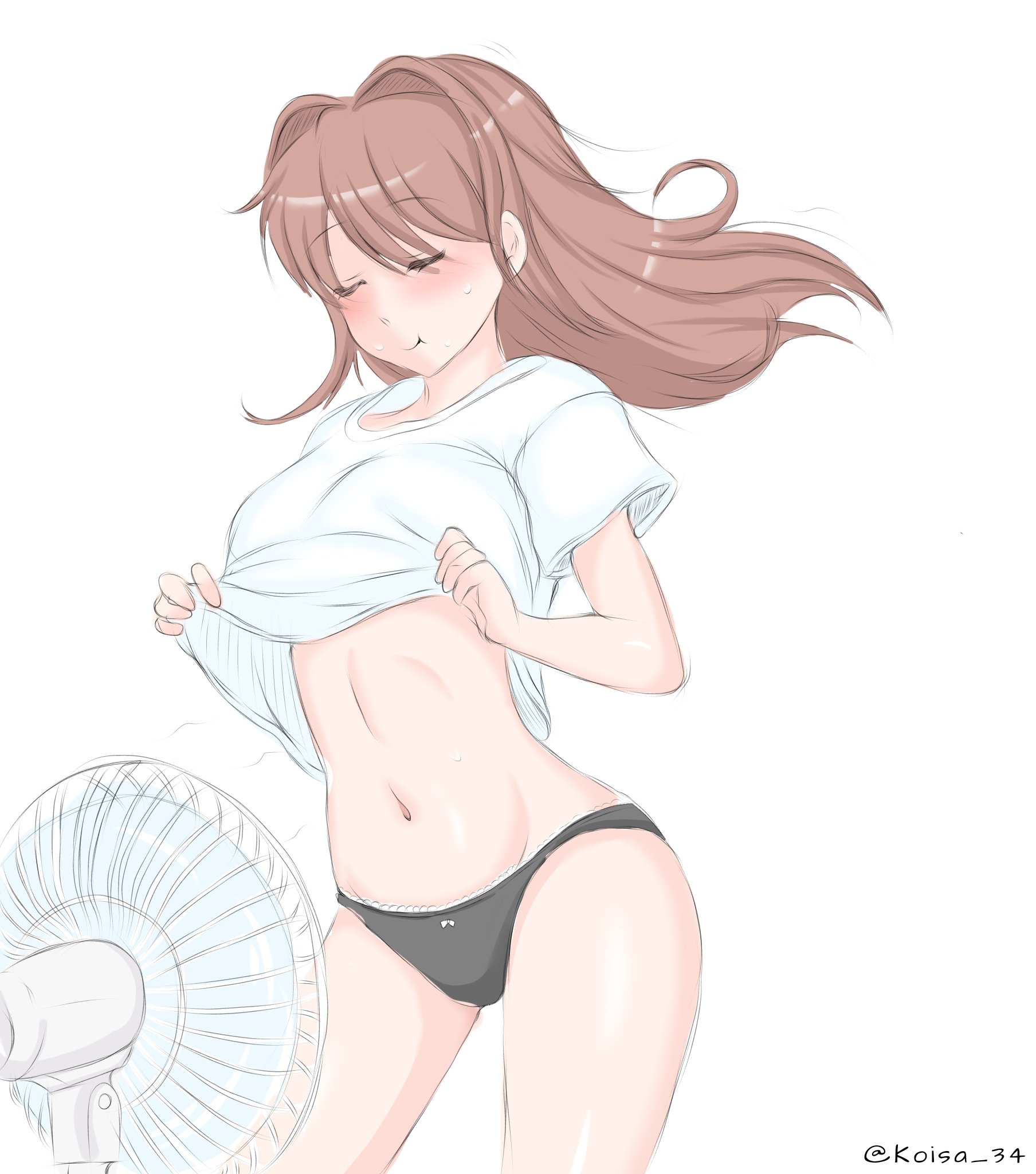 1girls, artist name, black panties, both eyes closed, breasts, closed eyes, doki doki literature club, eyes closed, fan, female, female only, human, human focus, koisa 34, lifting shirt, long hair, monika (doki doki literature club), navel, panties, shirt, shirt lift, solo, solo female, solo focus, solo human, twitter username, white background, white shirt