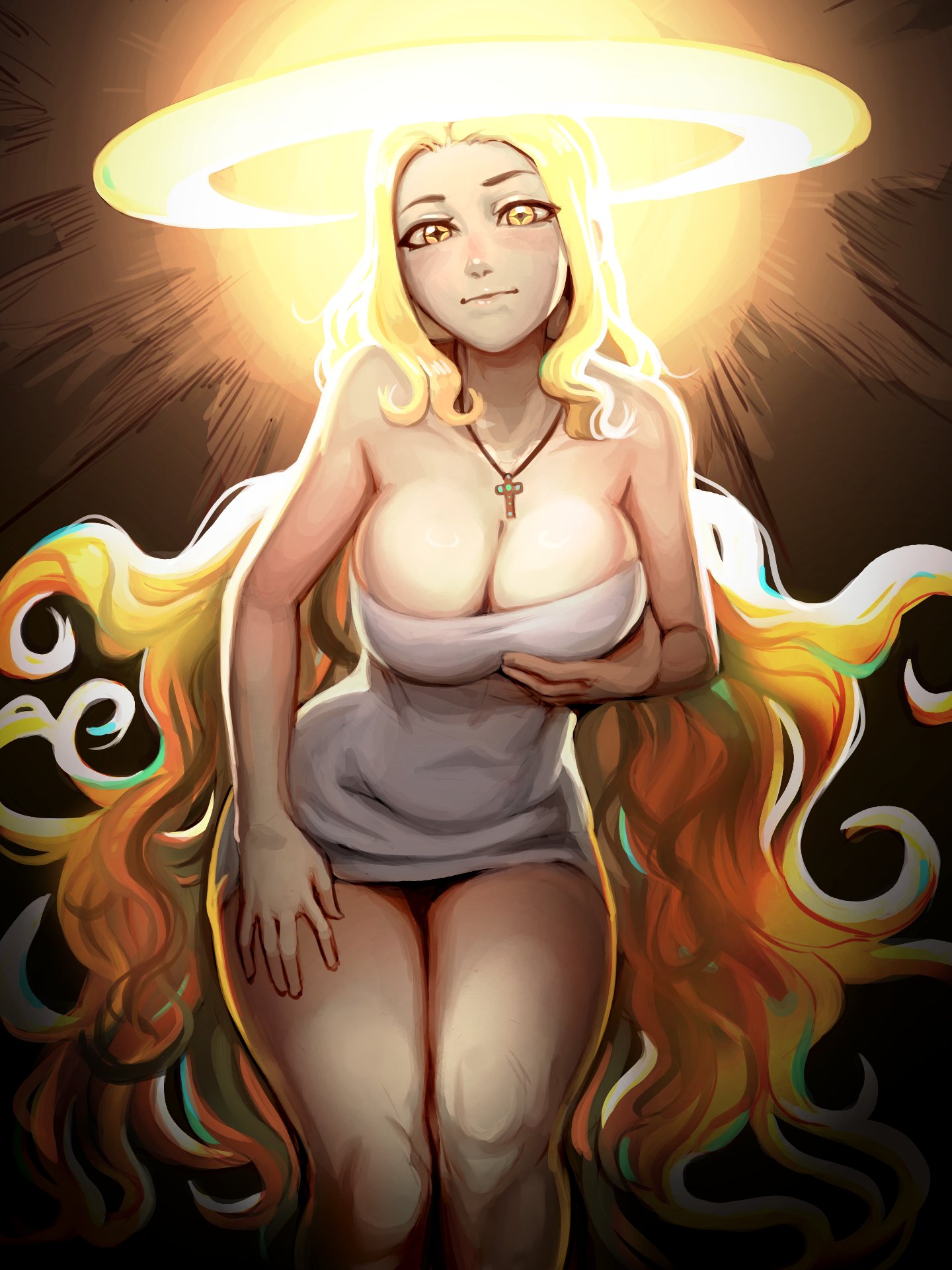 1girls, angel, big breasts, blonde hair, breasts, chloe (telepurte), cross necklace, female, grabbing own breast, halo, hand on breast, large breasts, looking at viewer, minidress, telepurte, unusual anatomy, unusual eyes, very long hair
