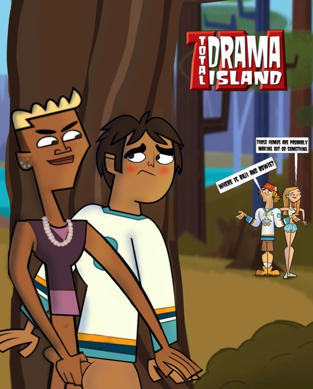 anal big_ass big_butt big_penis bowie_(tdi) dialogue gay hiding julia_(tdi) male male_only public_sex raj_(tdi) total_drama_island total_drama_island_(2023) wayne_(tdi) yaoi