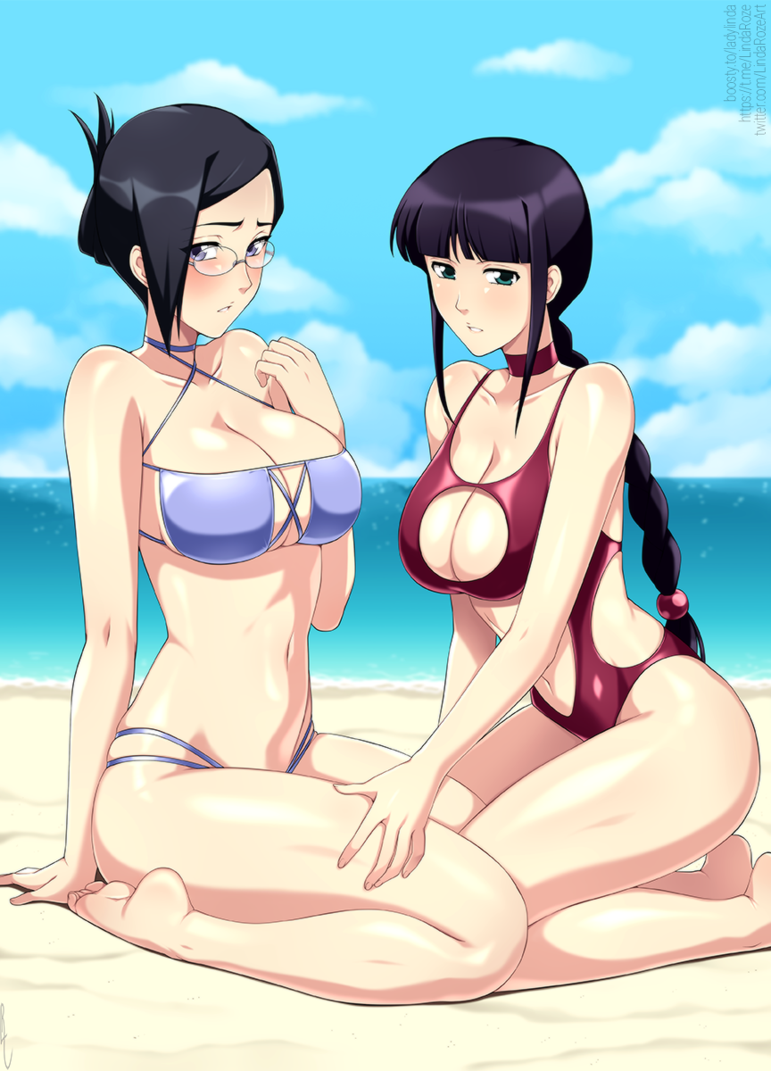 2girls bare_shoulders barefoot beach bikini black_hair bleach blue_sky blunt_bangs braid braided_ponytail breasts choker cleavage_cutout clothing_cutout cloud collarbone commentary day english_commentary feet folded_ponytail foot_out_of_frame glasses hand_on_another's_thigh hand_up highres horizon ise_nanao kneeling kurotsuchi_nemu large_breasts legs lindaroze long_hair looking_at_viewer multi-strapped_bikini multiple_girls navel ocean one-piece_swimsuit outdoors paid_reward_available parted_lips red_choker red_one-piece_swimsuit sitting sky soles swimsuit toes twitter_username water watermark web_address