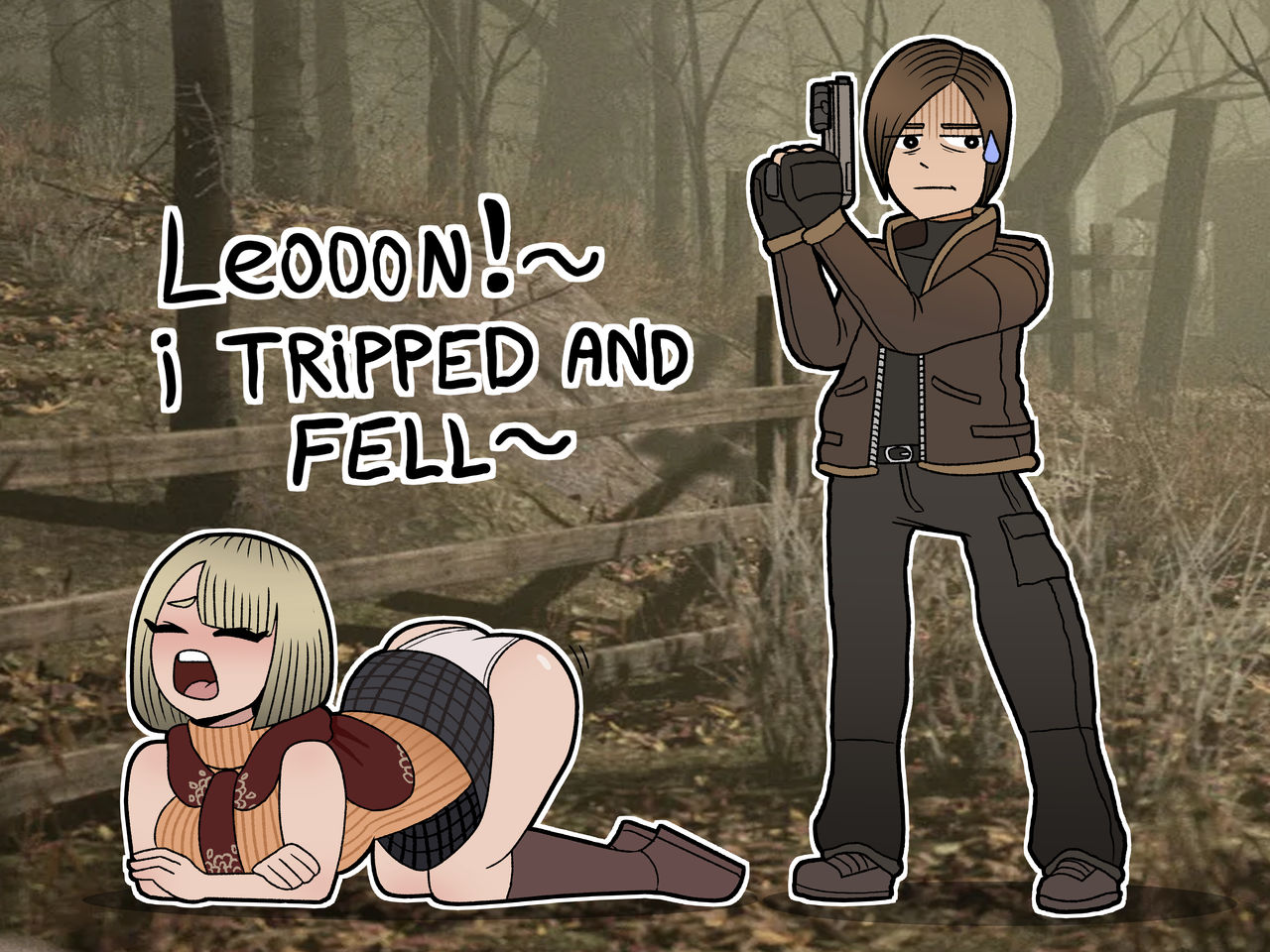 1boy, 1girls, ashley graham, ashley graham (brooke elizabeth mathieson), ass, blonde hair, capcom, closed eyes, english text, eyes closed, female, gun, holding, holding gun, holding object, holding weapon, leon scott kennedy, leon scott kennedy (christian duerre), lucizemuller, male, mouth open, open mouth, panties, resident evil, resident evil 4, skirt, text, weapon, white female, white male, white panties