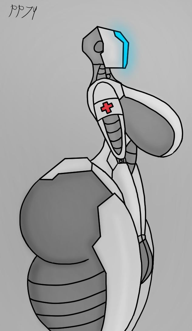 1girls ass basic_background big_ass big_breasts big_butt blue_eyes blue_glow breasts dumptruck_ass dumptruck_butt female female_only glowing grey_background humanoid medic_bot no_humans pewpew74 robot robot_girl robot_humanoid solo thick thick_legs thick_thighs thighs