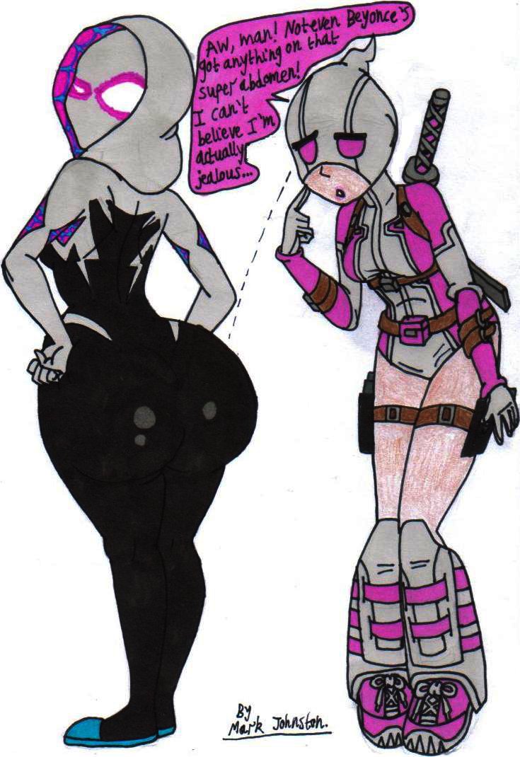 2girls, ass, big ass, big butt, dialogue, english text, female, female only, ghost-spider, gwen poole, gwen stacy, gwenpool, hood, krytenmarkgen-0, large ass, leotard, marvel, marvel comics, mask, masked, masked female, multiple females, multiple girls, spider-gwen, spider-man (series), spider-man: across the spider-verse, spider-man: into the spider-verse, superheroine, text