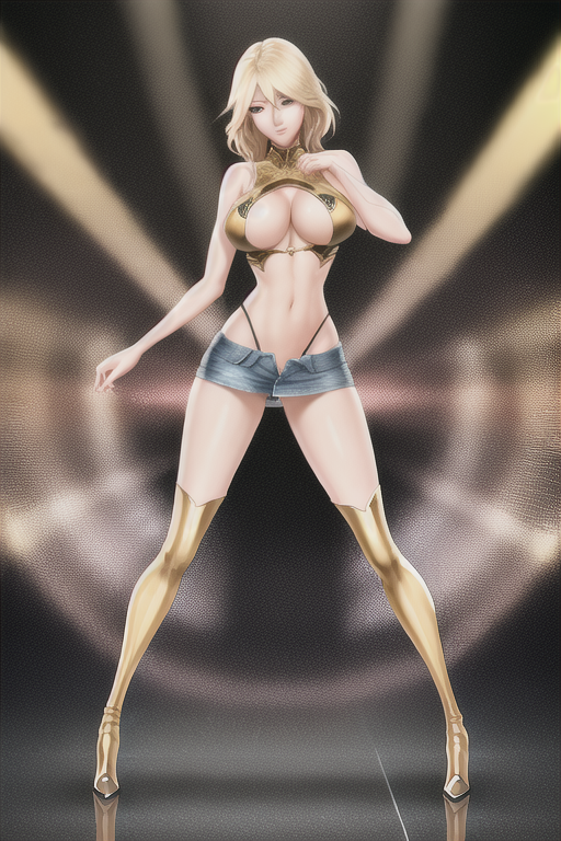 1girls ai_generated blonde_hair boobs boots breasts busty cleavage exposed_belly exposed_navel female gold_boots gold_legwear lens_flare long_hair long_legs navel nipples on_stage onlyfakes.ai pooplool slim_girl slim_waist smirk solo stage_lights super_model tall_female thin_arms thin_female