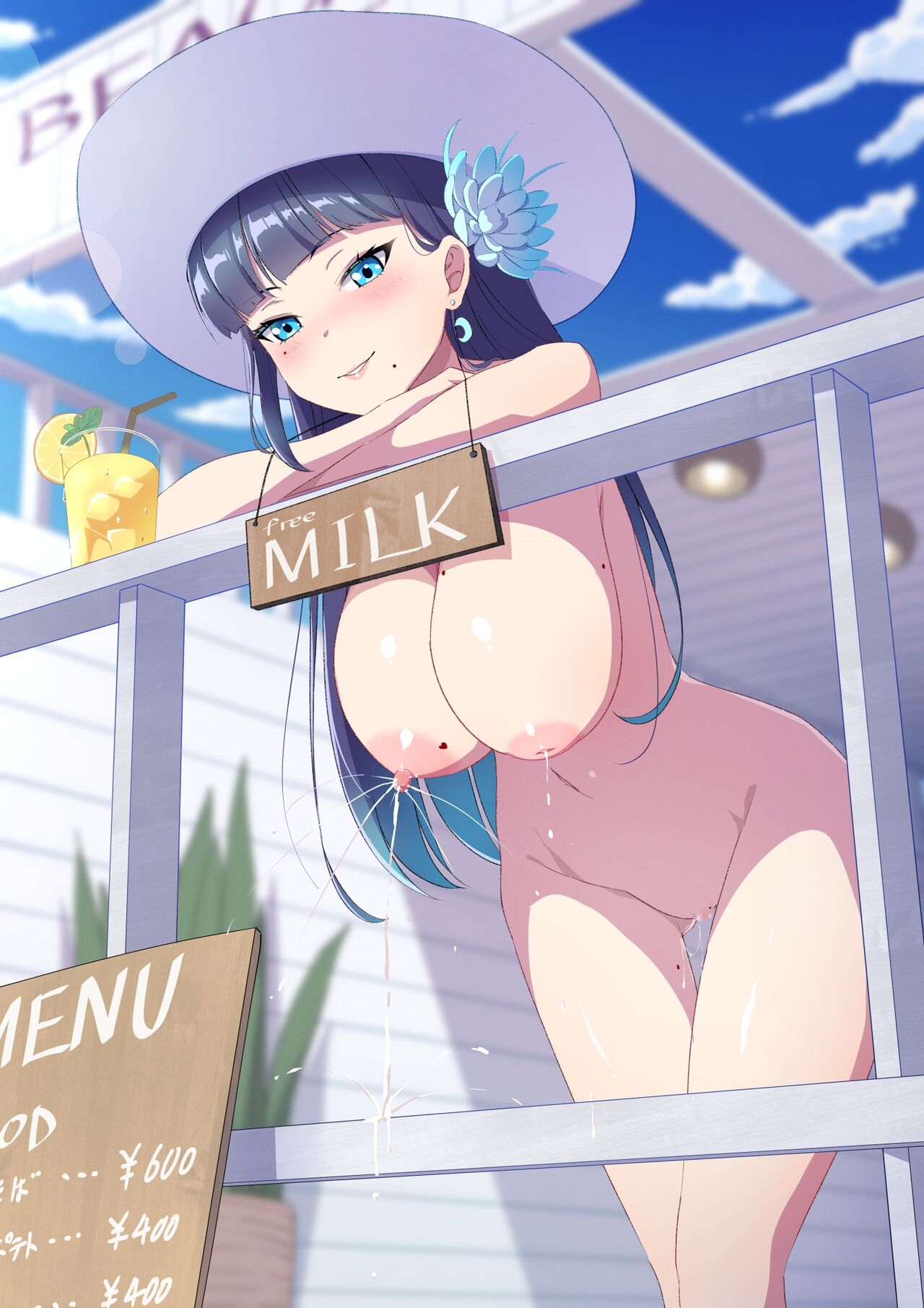 big_breasts black_hair blue_eyes blunt_bangs blush drink earrings female female_only flower hair_flower hair_ornament hanging_breasts hat heart lactation leaning_forward leaning_on_rail long_hair looking_at_viewer menu_board milk milk_leaking mole mole_on_breast mole_under_mouth naked naked_female nude pussy pussy_juice sakamata_(sakamata4) smile thigh_gap