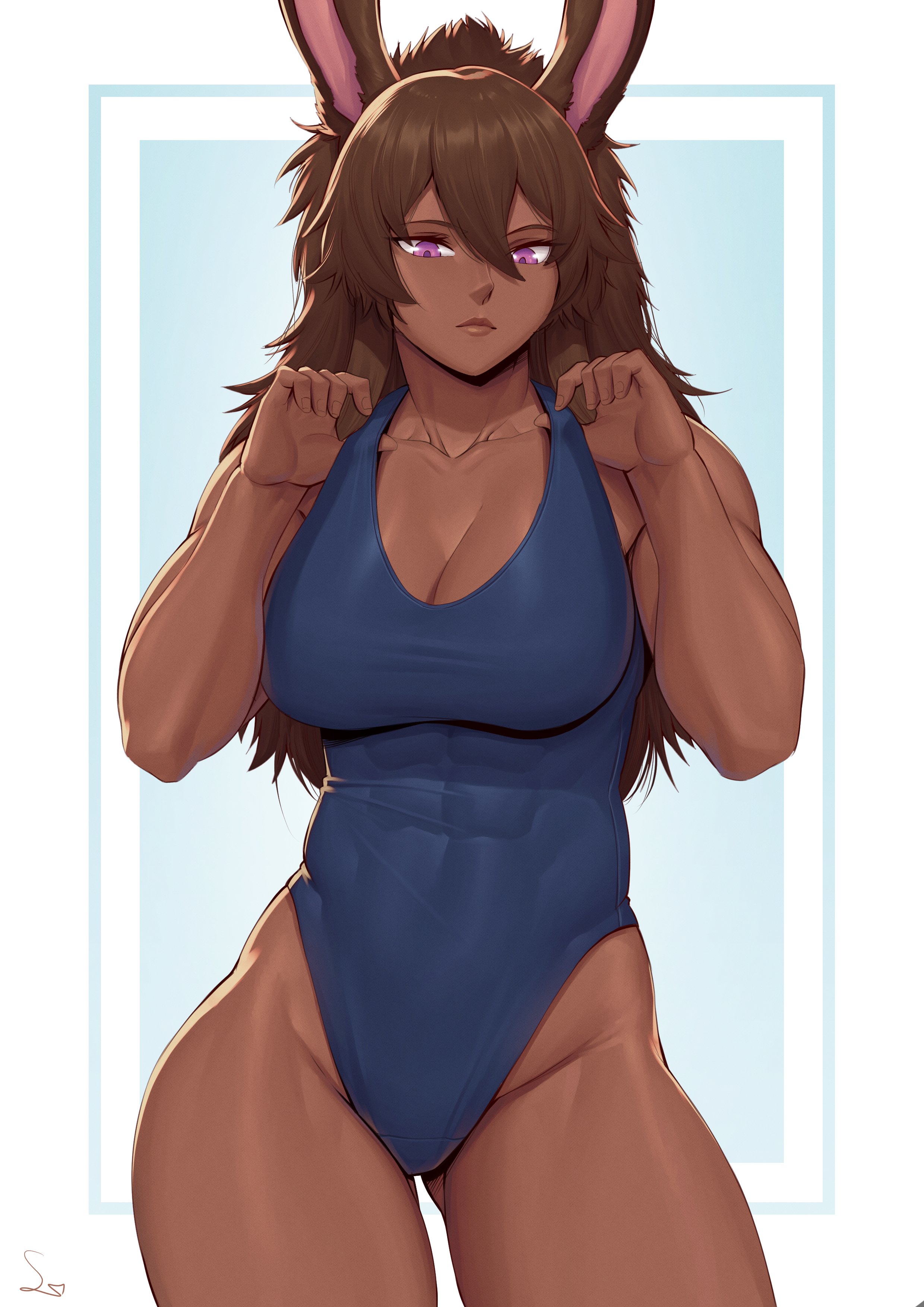 big breasts, breasts, dark skin, dark-skinned female, female, muscular, muscular female, original, original character, rabbit ears, solo female, speedl00ver