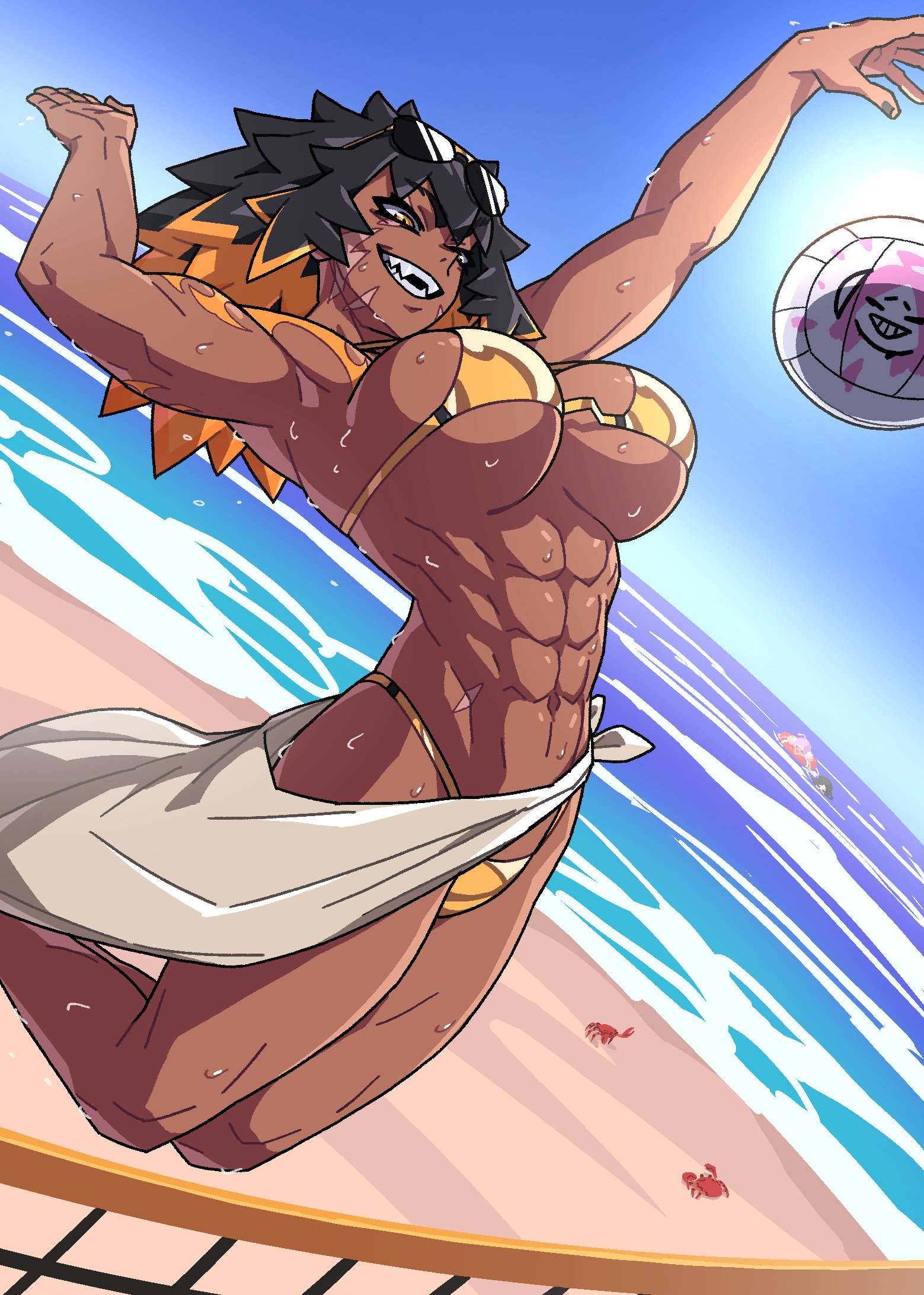 1girls, abs, aniwars, athletic, athletic female, beach, beach background, beach chair, beach towel, beachball, big breasts, bikini, breasts, crab, dark skin, dark-skinned female, female, hellhound (aniwars), muscular, muscular female, ocean, playing, ponaners, scar, scars, solo, sweat, sweatdrop, sweating, tomboy, toned, toned female, two-tone hair, volleyball