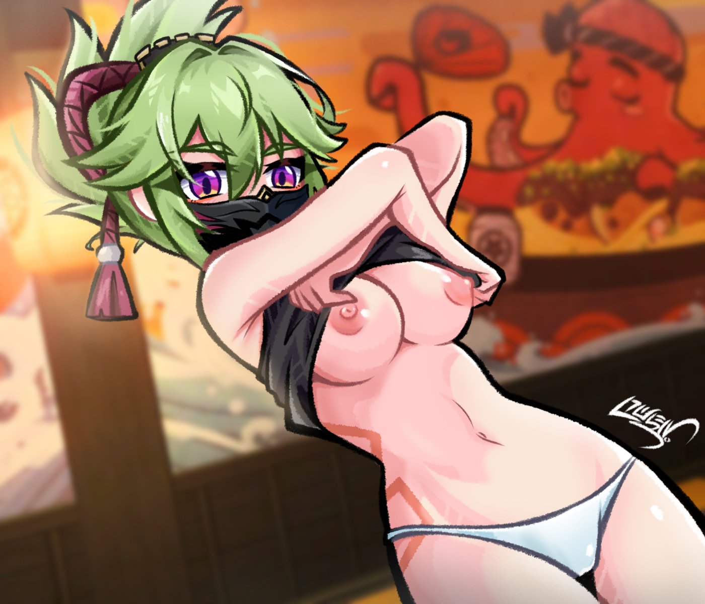 1girls 2022 areolae arms_crossed artist_signature belly belly_button big_breasts black_shirt blush blush_lines breasts eyebrows_visible_through_hair eyelashes_visible_through_hair female genshin_impact green_hair hair_ribbon hi_res koonowen kuki_shinobu large_breasts lifting_shirt long_green_hair long_hair looking_at_viewer mask masked_female navel nipple_piercing panties purple_eyes shirt shirt_lift tattoo white_panties