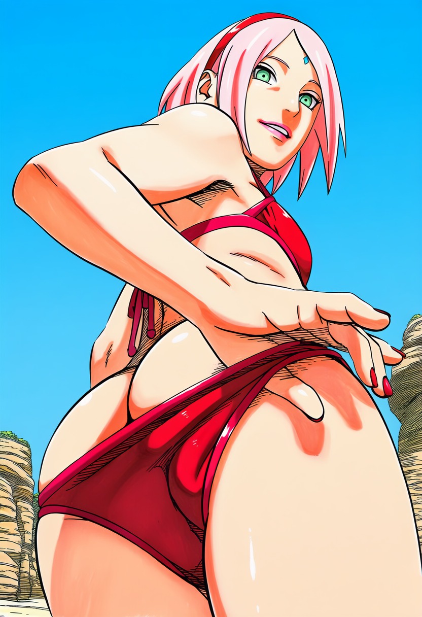 1girls, accurate art style, accurate body type, adjusting clothes, ai generated, bare shoulders, bikini bottom, bikini pull, bikini top, blue sky, boruto: naruto next generations, breasts, butt crack, clothes pull, clothing, colored nails, day, facial mark, female focus, female only, forehead jewel, forehead mark, foreshortening, from below, full color, green eyes, hairband, high resolution, highres, light skin, light-skinned female, line art, lipstick, looking at viewer, looking back, looking down at viewer, manga style, masashi kishimoto style, mature female, medium breasts, milf, nail polish, naruto, naruto (series), official style, outdoors, parted lips, pink hair, pulled by self, red bikini, red hairband, red nails, sakura haruno, scenery, shiny hair, shiny skin, short hair, sideboob, sky, smile, soft shading, solo, solo focus, standing, swimsuit, teeth, teeth showing, thighs, thin eyebrows, uchiha sakura, waifu