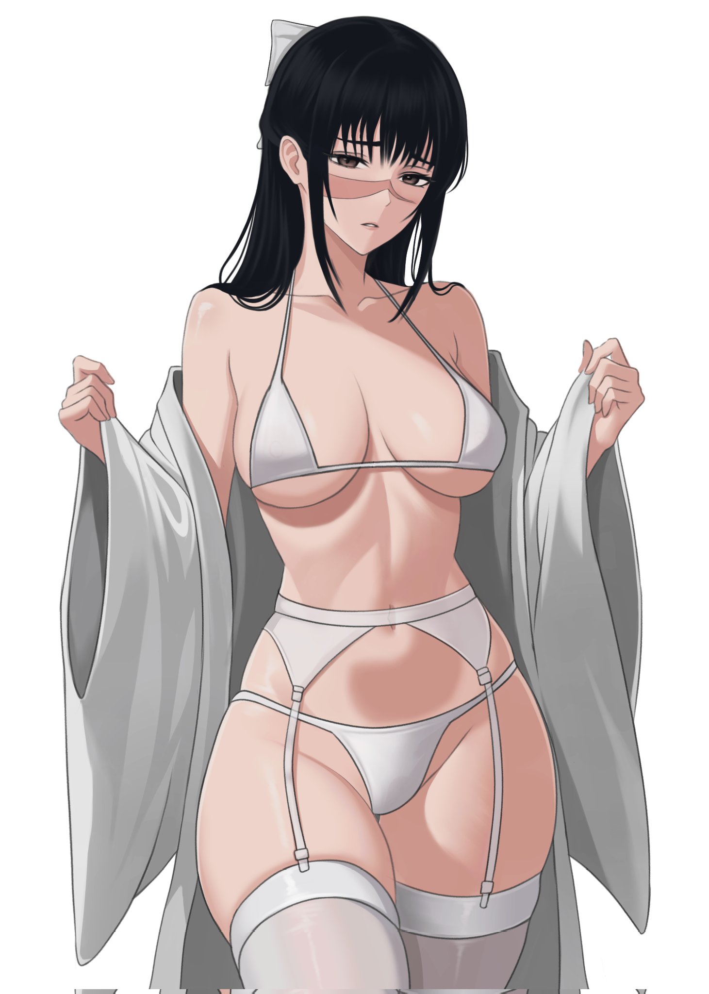 1girl, bare shoulders, black hair, bow, bra, breasts, brown eyes, charlesart, commentary, garter belt, garter straps, highres, iori utahime, jujutsu kaisen, lingerie, long hair, looking at viewer, open clothes, open robe, panties, pcharlesart, robe, scar, scar on face, solo, thighhighs, thighs, underwear, utahime iori, white background, white bra, white garter belt, white panties, white robe, white thighhighs