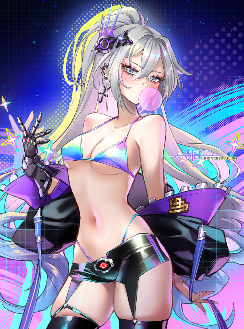 1girl, absurdres, alternate costume, armor, bare shoulders, beautiful, belly, belly button, belt, bikini, black shorts, black thighhighs, blowing bubble gum, blue bikini, blush, bra, breasts, bubble gum, chewing gum, cleavage, collarbone, commentary, detailed background, ear piercing, earrings, female, female focus, female only, fingernails, gamer girl, gauntlets, gorgeous, grey eyes, grey hair, hair between eyes, hair ornament, hand up, highres, hips, hips wider than shoulders, honkai (series), honkai: star rail, jacket, long hair, looking at viewer, mechanical gloves, medium breasts, multicolored underwear, nail polish, navel, panties, petite, petite body, petite female, princess ailish, retro, short shorts, shorts, signature, silver eyes, silver hair, silver wolf (honkai: star rail), silver wolf (lv.999) (honkai: star rail), single gauntlet, small breasts, solo, stomach, swimsuit, thick thighs, thighhighs, thighs, thong, thong bikini, very long hair