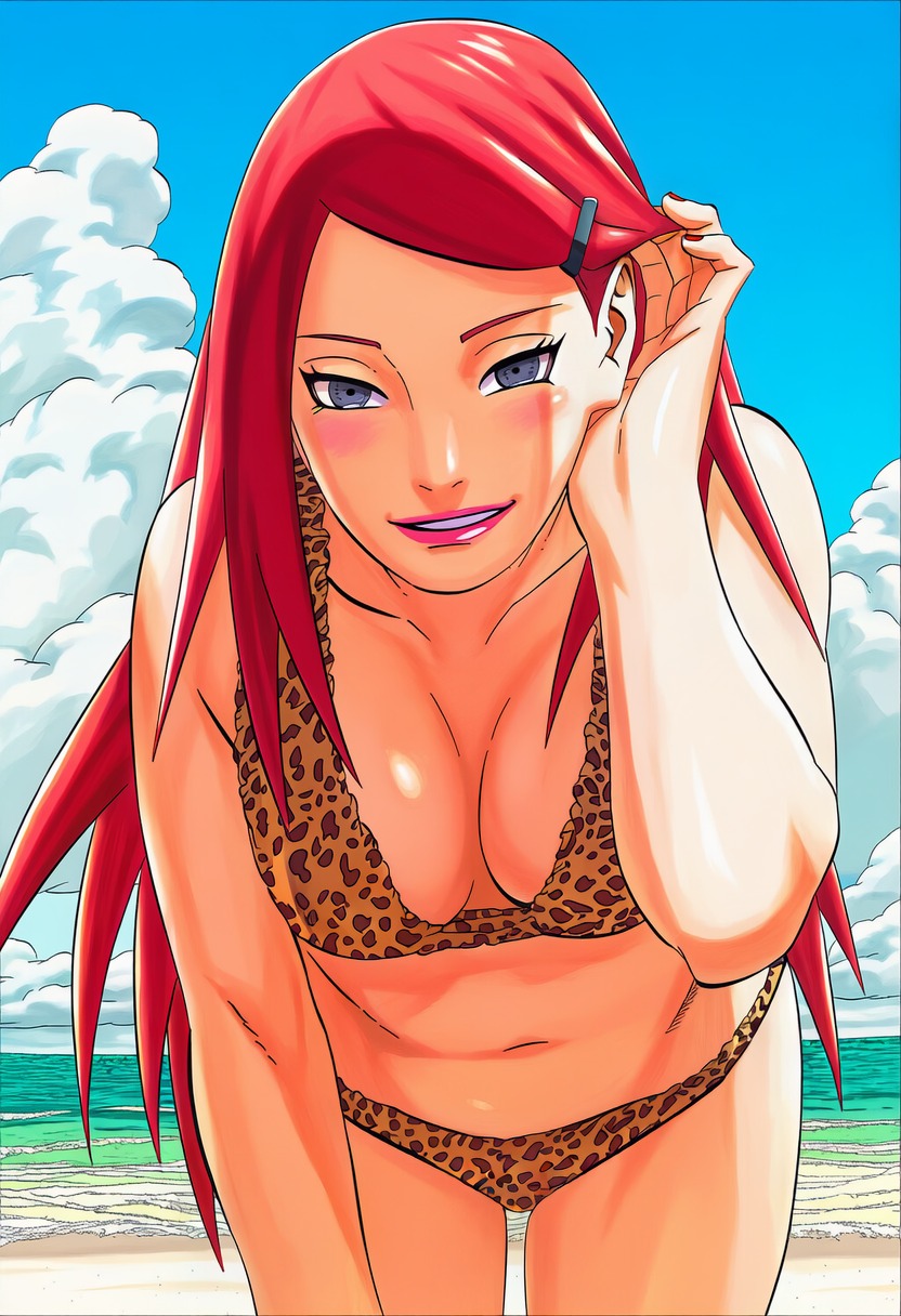 1girls, accurate art style, accurate body type, adjusting hair, ai generated, animal print, bare shoulders, beach, bent over, bikini bottom, bikini top, blue eyes, blue sky, blush, breasts, clothing, colored nails, day, eyelashes, facing viewer, female focus, female only, front view, full color, grey eyes, hair ornament, hair tucking, hairclip, high resolution, highres, leaning forward, leopard print, leopard print bikini, light skin, light-skinned female, line art, lipstick, long hair, looking at viewer, makeup, manga style, masashi kishimoto style, mature female, medium breasts, milf, nail polish, naruto, naruto (series), naruto shippuden, ocean, official style, outdoors, parted lips, pinup, red hair, red nails, sand, scenery, shiny hair, shiny skin, sky, smile, soft shading, solo, solo focus, swimsuit, teeth, teeth showing, thighs, thin eyebrows, uzumaki kushina, waifu, water