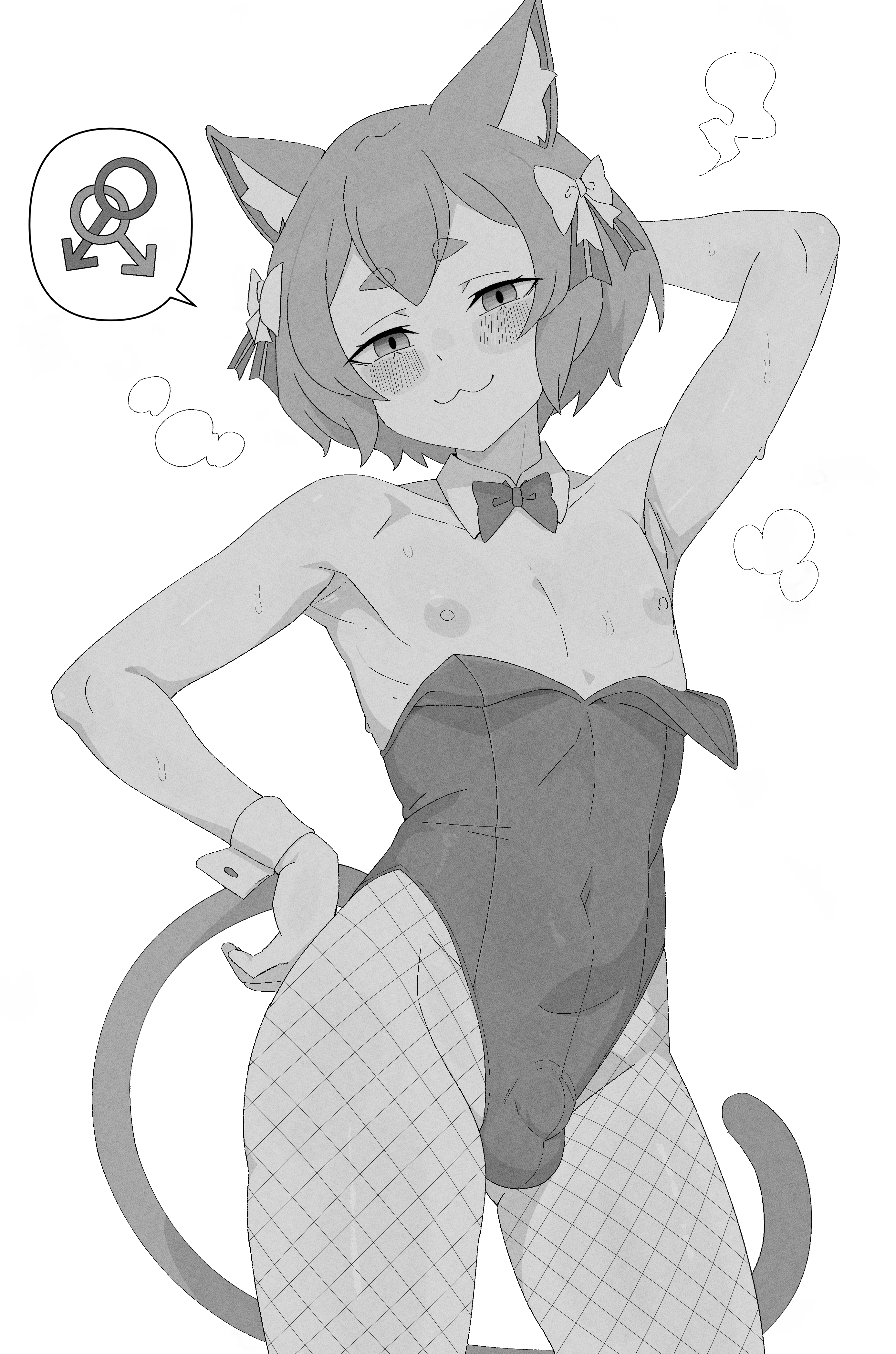 :3, 1boy, androgynous, animal ear fluff, animal ears, arm up, armpit crease, armpits, blush, bow, bowtie, bulge, bulge through clothing, cat ears, cat tail, cowboy shot, detached collar, double-parted bangs, eyebrows visible through hair, felix argyle, femboy, femenine male, fenqury, fishnet legwear, fishnet pantyhose, gender symbol, girly, greyscale, groin, hair bow, hair ornament, hand behind head, hand on waist, interlocked mars symbols, inviting to sex, kemonomimi, leotard, looking at viewer, male, male only, male playboy bunny, male symbol penetration, monochrome, navel, navel visible through clothes, nipples, pantyhose, penis, portrait, re:zero kara hajimeru isekai seikatsu, requesting, revealing clothes, short eyebrows, short hair, simple background, solo, solo male, speech bubble, standing, steam, steamy, sweat, sweatdrop, symbol, testicles, thick eyebrows, white background, wrist cuffs