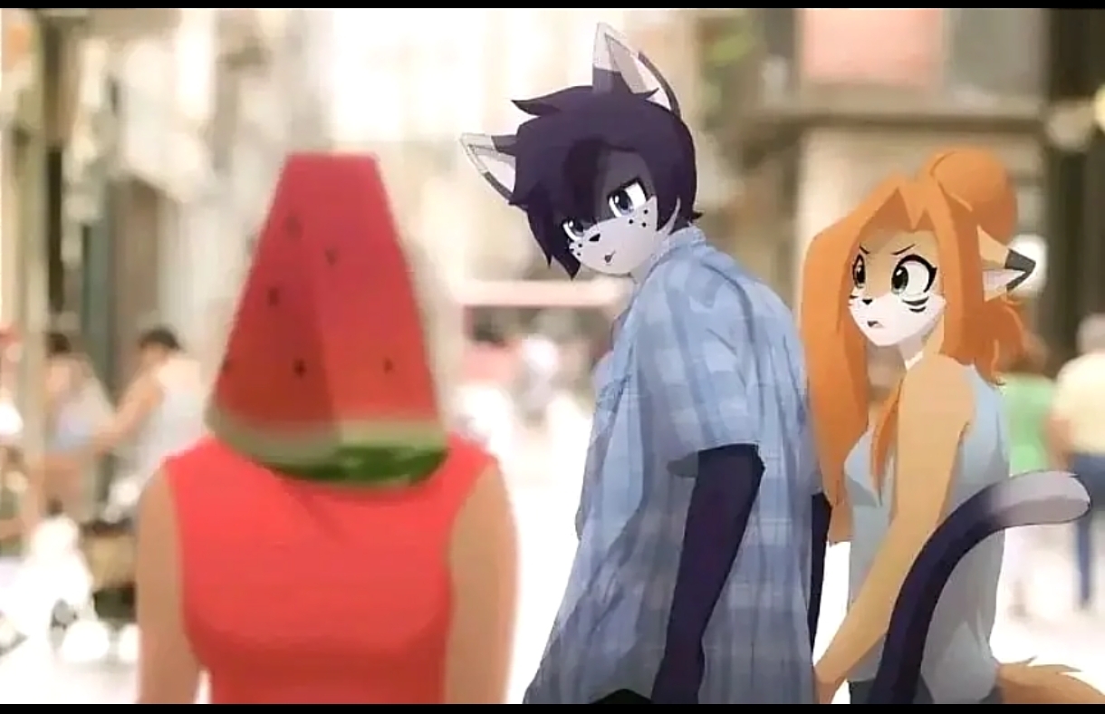 1boy, 1girls, anthro, boyfriend-girlfriend, distracted, distracted boyfriend, eipril, funny, furry, humor, meme attire, not ai generated, not porn, oc, reference to character, safe for work, sfw, sfw illustration (meme), watermelon