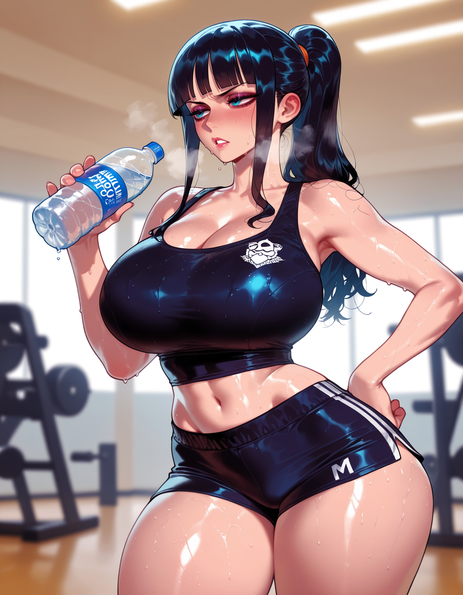 , 1girl, 1girls, adidas, ai generated, aqua eyes, balecxi, bangs, bare shoulders, black hair, black shorts, black sports bra, blue eyes, blunt bangs, blurry background, blush, bottle, brand name imitation, breasts, breath, cleavage, clothing, collarbone, cowboy shot, crop top, curvaceous, curvaceous female, curvaceous figure, curvy, curvy figure, depth of field, dripping, dumbbell, exercise, female, female focus, female only, gym, gym shorts, hand on own hip, holding, holding bottle, huge breasts, indoors, inviting, inviting to sex, large breasts, lips, long hair, midriff, navel, nico robin, one piece, parted lips, ponytail, presenting, presenting ass, presenting breasts, presenting hindquarters, presenting self, seductive, seductive look, seductive smile, shiny skin, short shorts, shorts, sidelocks, solo, sports bra, sportswear, standing, steaming body, stomach, sweat, sweaty clothes, thick thighs, thighs, very sweaty, voluptuous, voluptuous female, water bottle, wet, wide hips