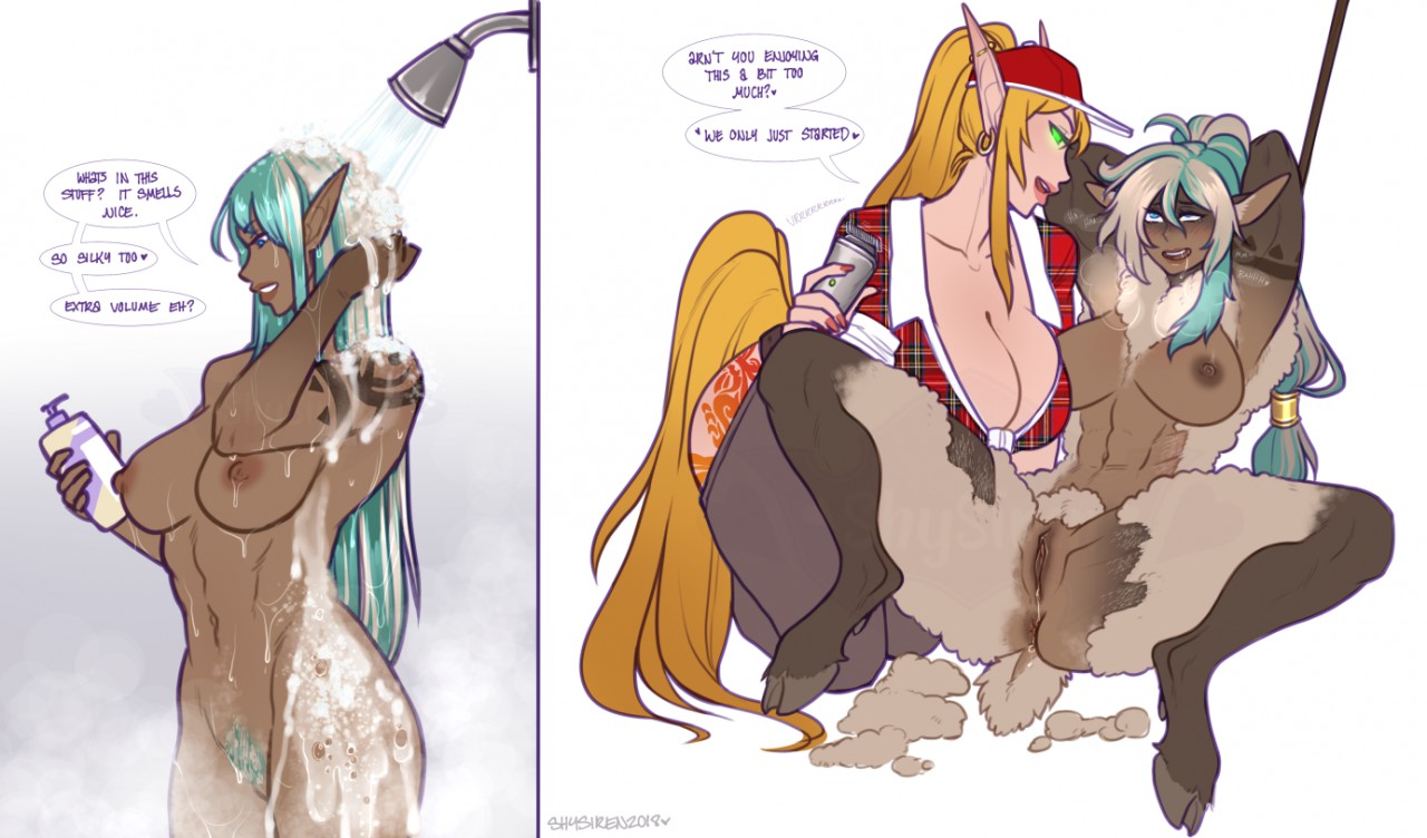2019, 2girls, anus, big breasts, bleating, blonde hair, blood elf, blue eyes, blue hair, bodily fluids, bovid, breasts, caprine, cavalina, clothed, clothing, cloven hooves, comic, dark skin, dark-skinned female, dialogue, digitigrade, drooling, duo, elf, elf ears, ewe, farm, female, female focus, female only, female/female, genital fluids, glowing, glowing eyes, green eyes, hair, hands behind head, hat, hooves, human to anthro, humanoid, light-skinned female, long hair, lyn (z-ray), mammal, navel, nipples, nude, open mouth, plaid clothes, post-transformation, pubes, pubic hair, pussy, pussy juice, ranch, restrained arms, saliva, shaving, shaving another, shearing, shears, sheep, sheep ears, sheep girl, sheep humanoid, sheep tail, shower, shysiren, sitting, solo, species transformation, transformation, uncommon stimulation, wet pussy, white hair, white wool, wood elf, wool (fur)