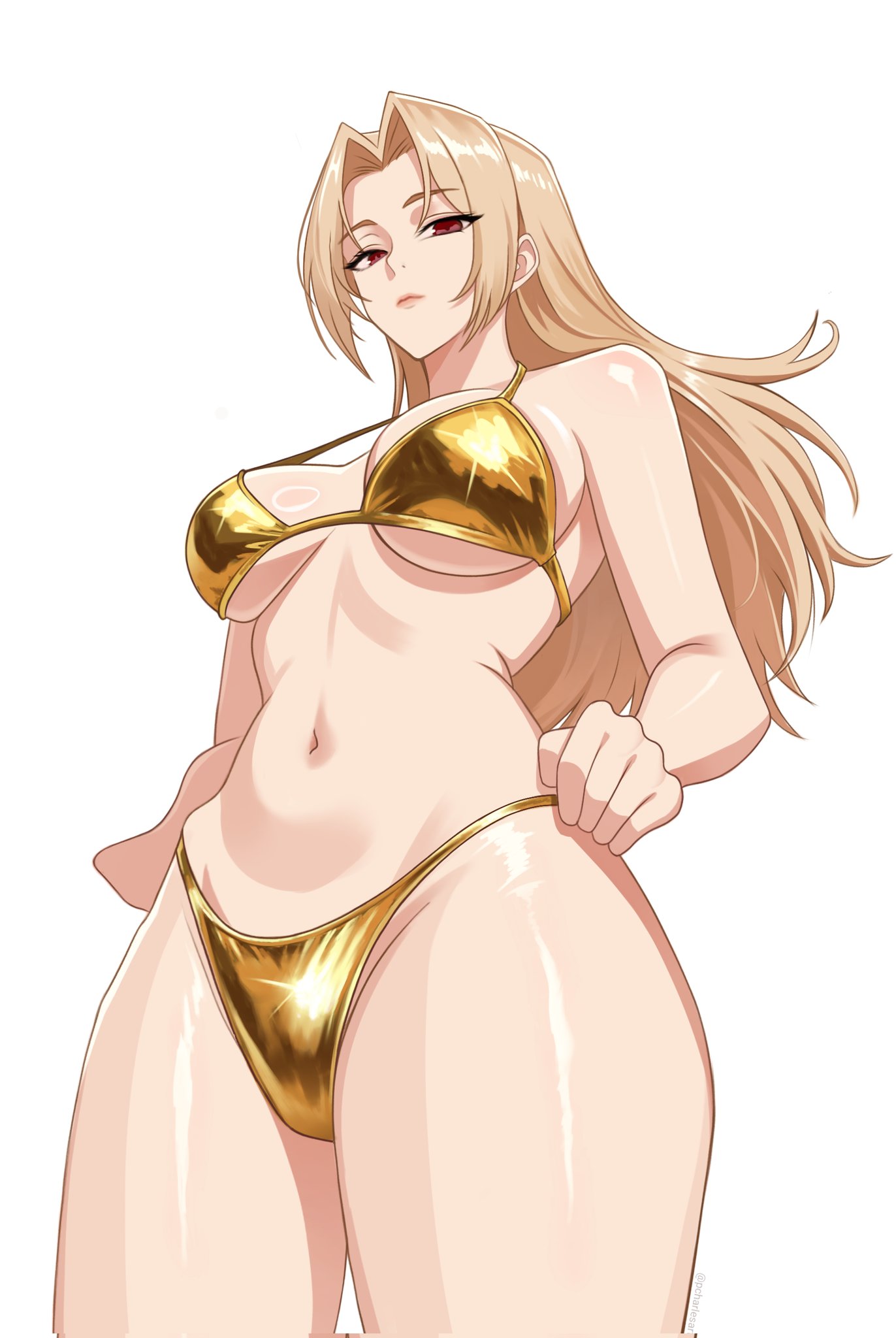 1girl, bikini, blonde hair, breasts, brown eyes, charlesart, cleavage, closed mouth, commentary, gold bikini, hands on own hips, highres, jujutsu kaisen, large breasts, long hair, looking at viewer, navel, pcharlesart, simple background, solo, swimsuit, thighs, tsukumo yuki (jujutsu kaisen), white background, wide hips, yuki tsukumo