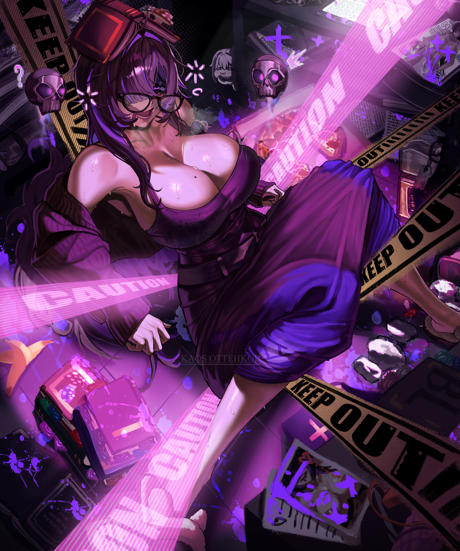 1girl, 1girls, bags under eyes, big breasts, black cardigan, black dress, black hair, black-framed eyewear, blush, book, book on head, breasts, cardigan, cardigan partially removed, cleavage, colored inner hair, commentary request, doro (nikke), dress, drooling, female pervert, floating skull, food, glasses, goddess of victory: nikke, hair over one eye, highres, huge breasts, kaos ottehkob, kaosottehkob, label (nikke), long hair, looking at viewer, mole, mole on breast, mouth drool, multicolored hair, mushroom, nervous smile, object on head, pervert, pizza, pornography, purple eyes, purple hair, purple streaks, sitting, slippers, smile, sweat, taut clothes, taut dress, very long hair