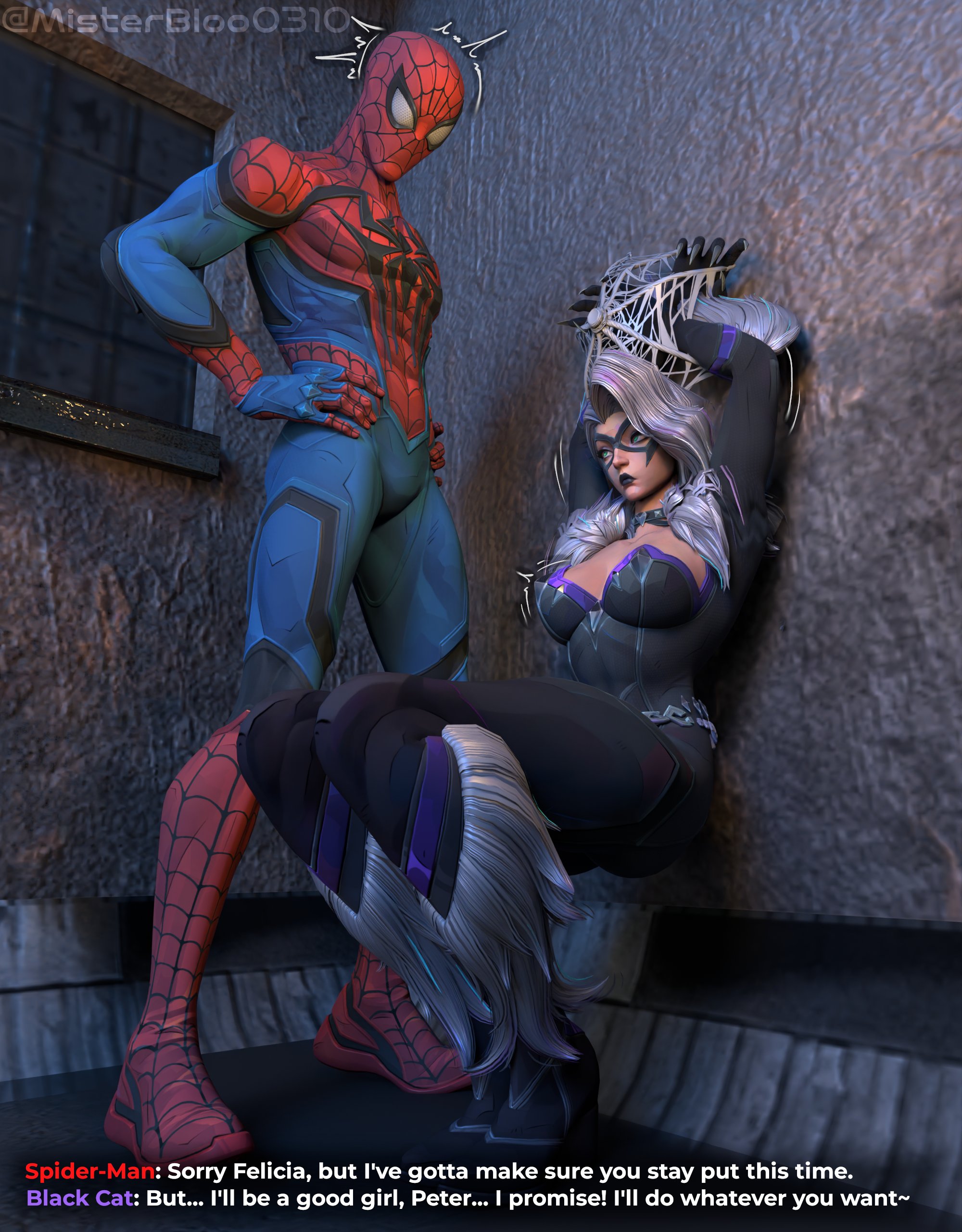 1boy, 1boy1girl, 1girl1boy, 1girls, 2026, 3d, 3d (artwork), arms above head, athletic, athletic male, big breasts, black cat (marvel rivals), black cat (marvel), black lipstick, bodysuit, boots, bound, bound wrists, breasts, choker, claws, collar, couple, couple (romantic), couple love, couples, curvaceous, curvaceous body, curvaceous female, curvaceous figure, curvaceous hips, curvy, curvy body, curvy female, curvy figure, curvy hips, dialogue, felicia hardy, female, green eyes, hips, imminent blowjob, imminent fellatio, imminent sex, light skin, light-skinned female, light-skinned male, love, lovers, male, marvel, marvel comics, marvel rivals, misterbloo0310, netease games, peter parker, romantic, romantic couple, seductive, seductive look, seductive pose, skin tight, spider-man, spider-man (marvel rivals), spider-man (series), superhero, superhero couple, superheroine, text, thick breasts, tight clothes, tight clothing, voluptuous, voluptuous female, waist, webbed, webbed hands, white fur, white hair