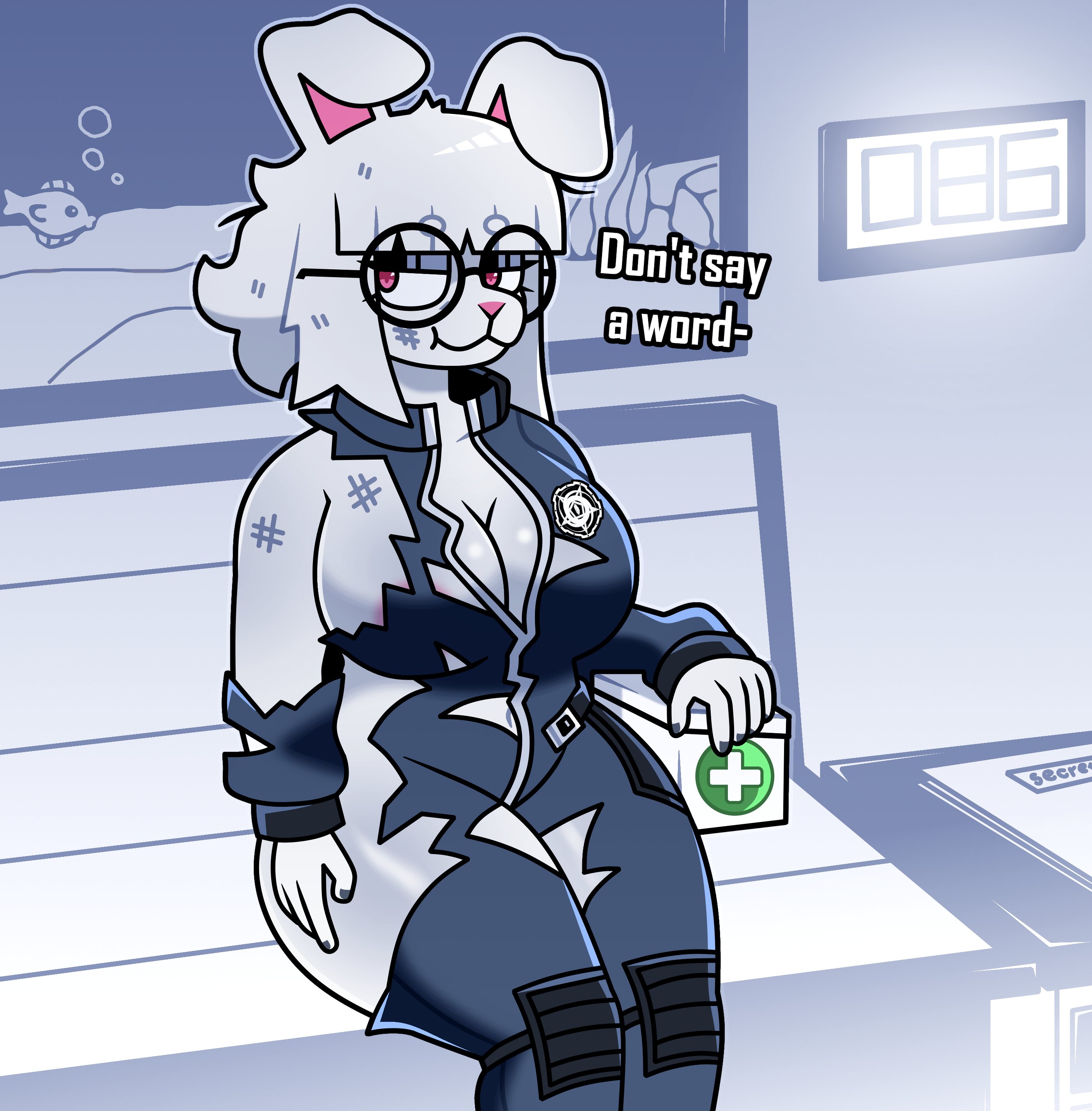 1girls, breasts, cleavage, dialogue, english text, expendable (pressure), female, jumpsuit, lornalla, pressure (roblox), ripped clothing, roblox, roblox game, robloxian, sitting, solo, stomach, text, thighs