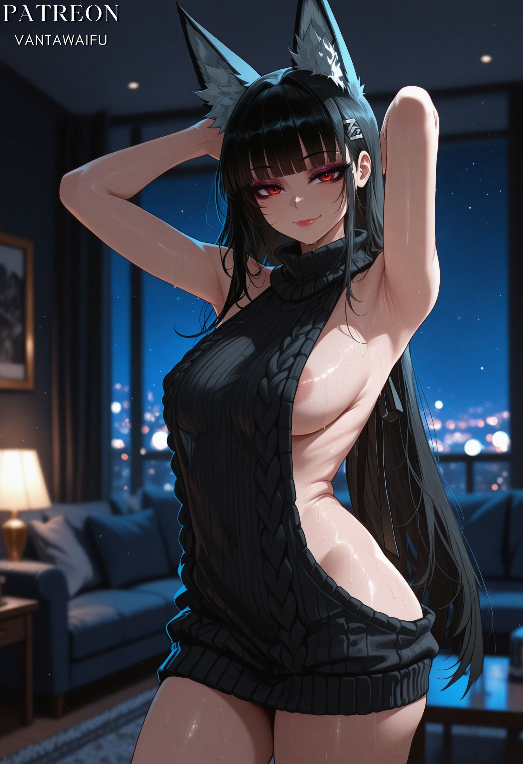 , 1girl, ai generated, alternate costume, animal ear fluff, animal ears, areola slip, armpits, arms behind head, arms up, backless outfit, bangs, bare shoulders, black hair, black sweater, blunt bangs, blurry background, blush, breasts, bright pupils, cable knit, closed mouth, clothing, couch, cowboy shot, depth of field, dress, extra ears, female, female only, hair ornament, hairclip, halo, hoshimi miyabi, indoors, lamp, large breasts, long hair, looking at viewer, meme attire, naked sweater, night, nipple slip, presenting armpit, red eyes, ribbed sweater, ribs, rio (blue archive), sideboob, sleeveless, sleeveless sweater, sleeveless turtleneck, smile, solo, sweat, sweater, sweater dress, thighs, tsukatsuki rio, turtleneck, turtleneck sweater, vantawaifu, very long hair, virgin killer sweater, window, zenless zone zero