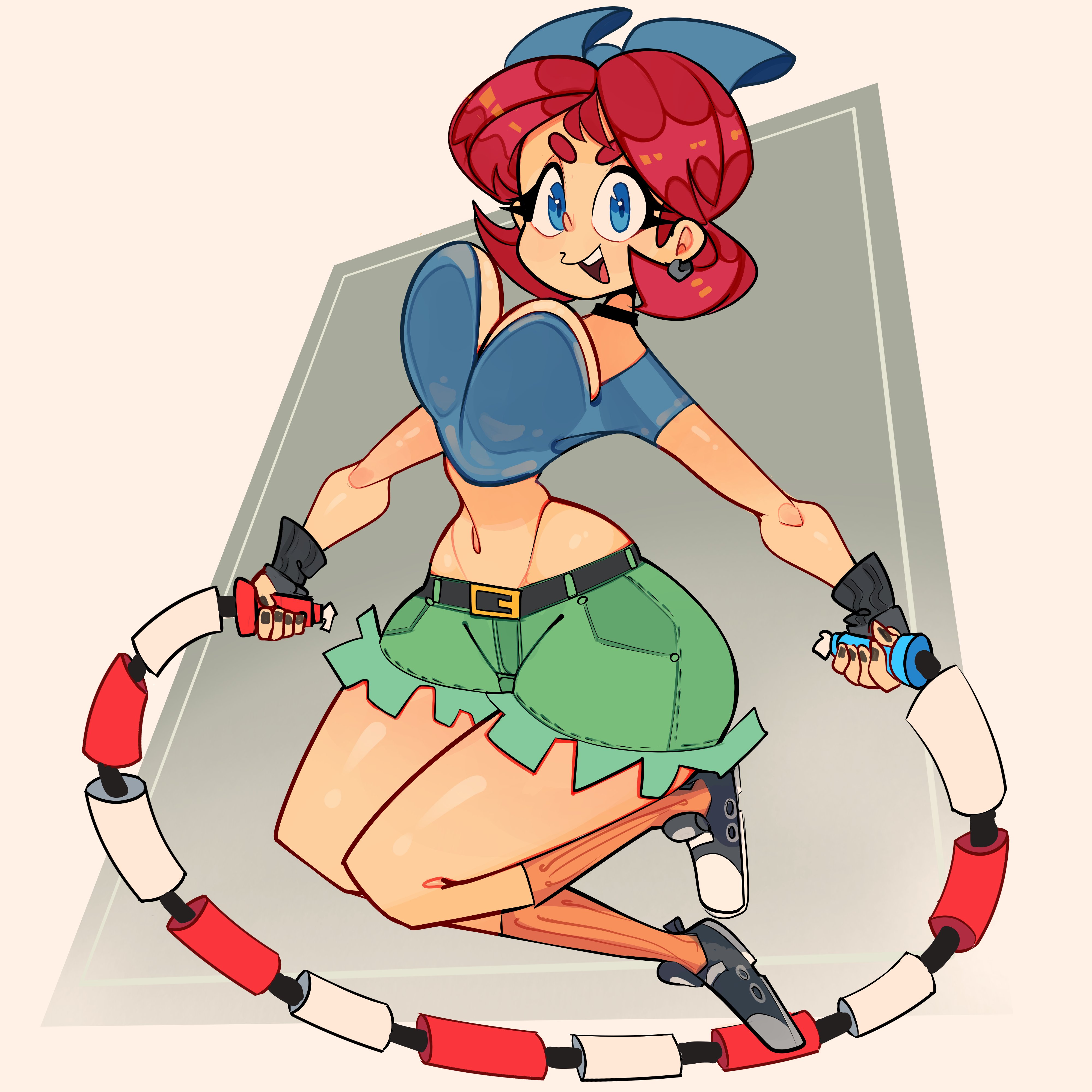 1girls, big ass, big breasts, blue bow, blue eyes, blue shirt, bouncing breasts, clothing, female, footwear, green shorts, hair bow, handwear, huge ass, huge breasts, human, jump rope, nonsexual, pale skin, postchelo, red hair, scarlet (yerkdiff), scarlet skips, short shorts, shorts, slim waist, smile, solo, solo female, tagme, thick thighs, yerkdiff