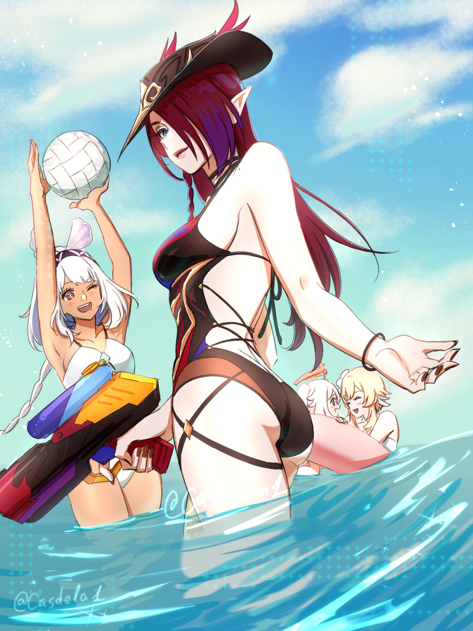 4girls, beach, chasca (genshin impact), genshin impact, gun, hat, innertube, lumine (genshin impact), mualani (genshin impact), natlan girls, paimon (genshin impact), swimsuit, volleyball, water, weapon