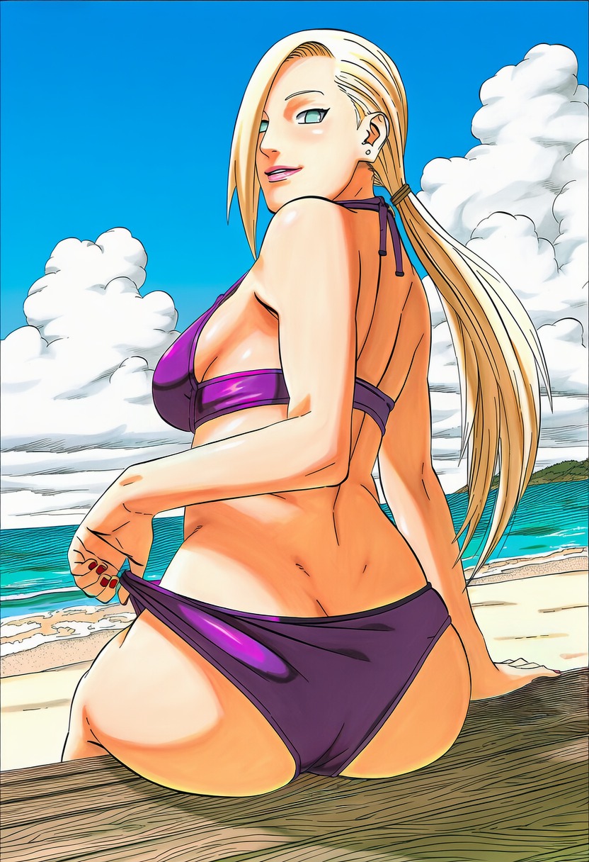 , 1girls, accurate art style, accurate body type, adjusting swimsuit, ai generated, aqua eyes, arm support, ass, back, bare shoulders, beach, bikini bottom, bikini pull, bikini top, blonde female, blonde hair, blue eyes, blue sky, breasts, cleavage, clothes pull, clothing, cloud, cloudy sky, colored nails, day, dimples of venus, earrings, female focus, female only, from behind, full color, hair over one eye, high resolution, highres, horizon, ino yamanaka, jewelry, large breasts, light skin, light-skinned female, line art, lipstick, long hair, looking at viewer, looking back, low ponytail, makeup, manga style, masashi kishimoto style, medium breasts, nail polish, naruto, naruto (series), naruto shippuden, nipple bulge, no pupils, ocean, official style, outdoors, parted lips, pinup, ponytail, pulled by self, purple bikini, red nails, sand, scenery, shiny hair, shiny skin, sky, smile, soft shading, solo, solo focus, stud earrings, swimsuit, teeth, teeth showing, thin eyebrows, tied hair, waifu, water