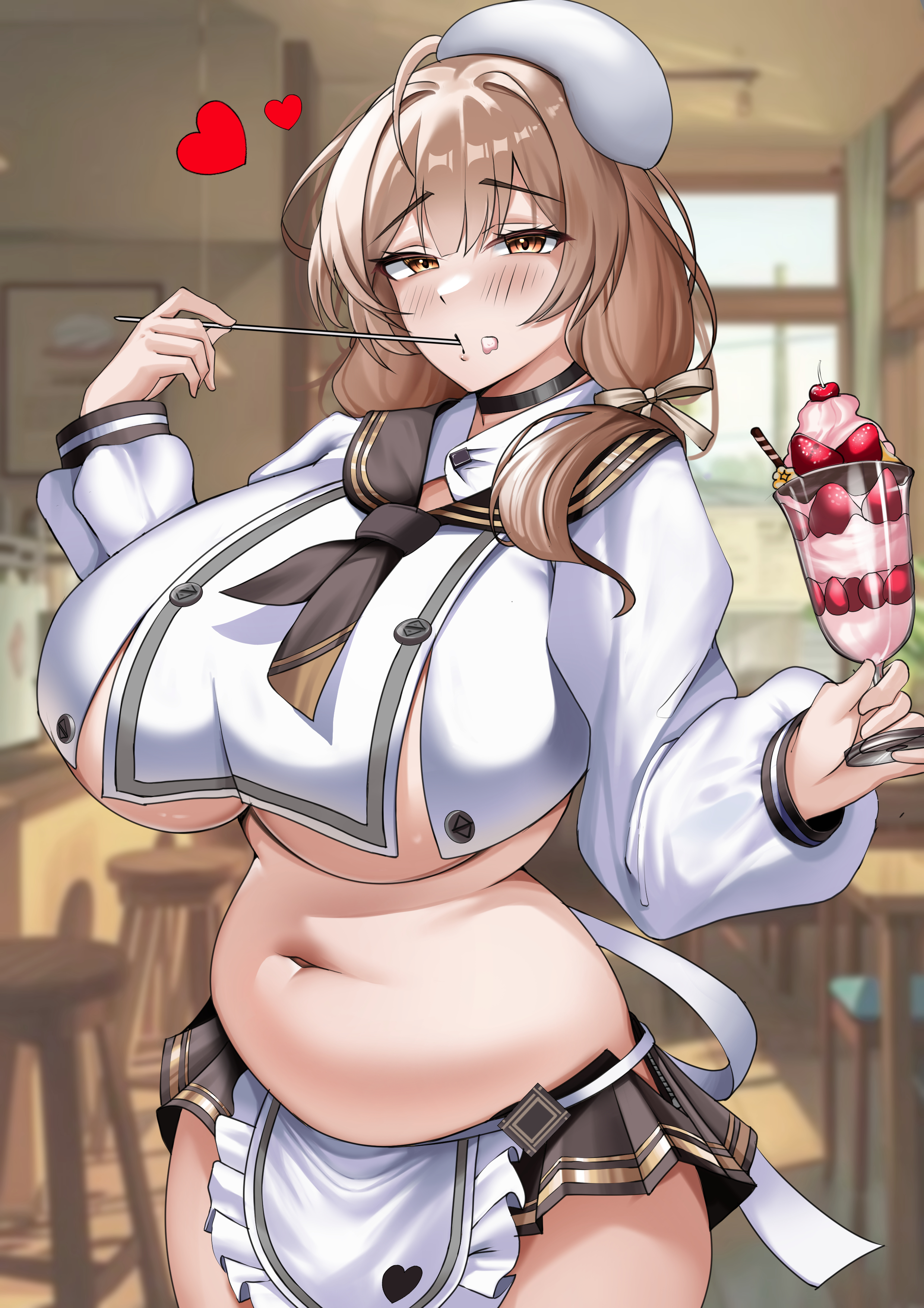 1girl, absurdres, ahoge, apron, beret, blunt bangs, blush, bready (nikke), breasts, brown eyes, brown hair, brown neckerchief, brown sailor collar, brown skirt, choker, commentary, cup, eating, food, goddess of victory: nikke, hair ribbon, hat, highres, holding, holding cup, holding food, holding ice cream, holding spoon, huge breasts, ice cream, k (user nrtr8253), long hair, looking at viewer, midriff, navel, neckerchief, parfait, plait, plump, ribbon, sailor collar, shirt, skirt, solo, spoon, thighs, underboob, white apron, white hat, white shirt