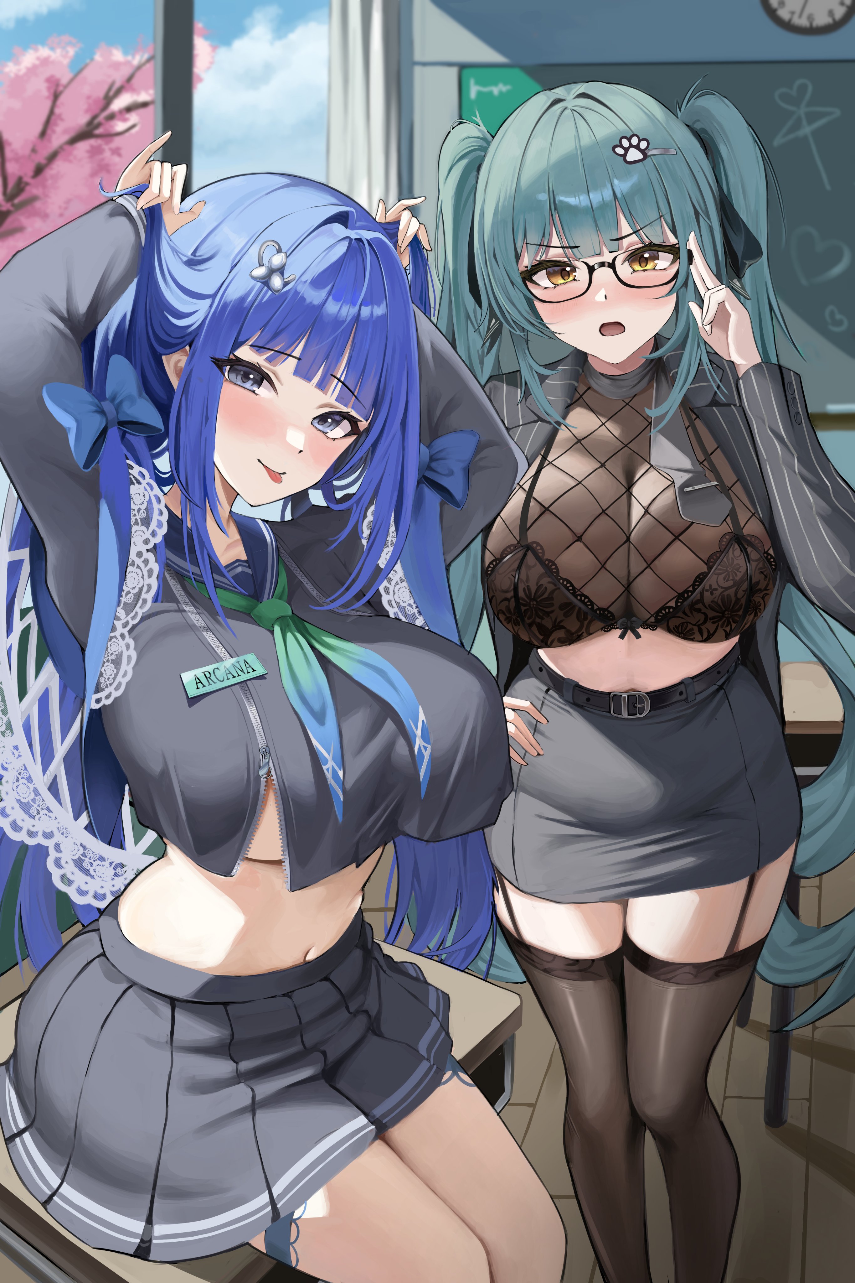 :p, 2girls, absurdres, aqua hair, arcana (fortune mate) (nikke), arcana (nikke), arms up, belt, black belt, black bra, black serafuku, black skirt, black thighhighs, blue bow, blunt bangs, blush, bow, bra, breasts, brown hair, chalkboard, character name, cherry blossoms, clock, commentary, fishnets, garter straps, glasses, goddess of victory: nikke, grey eyes, hair ornament, hand on own hip, highres, holding own hair, k (user nrtr8253), large breasts, long hair, long sleeves, looking at viewer, multiple girls, neckerchief, on table, open clothes, open mouth, partially unzipped, pencil skirt, pleated skirt, privaty (nikke), privaty (sharp lesson) (nikke), school uniform, serafuku, sitting, skirt, standing, striped clothes, table, thighhighs, tongue, tongue out, twintails, underwear, very long hair, wall clock, window