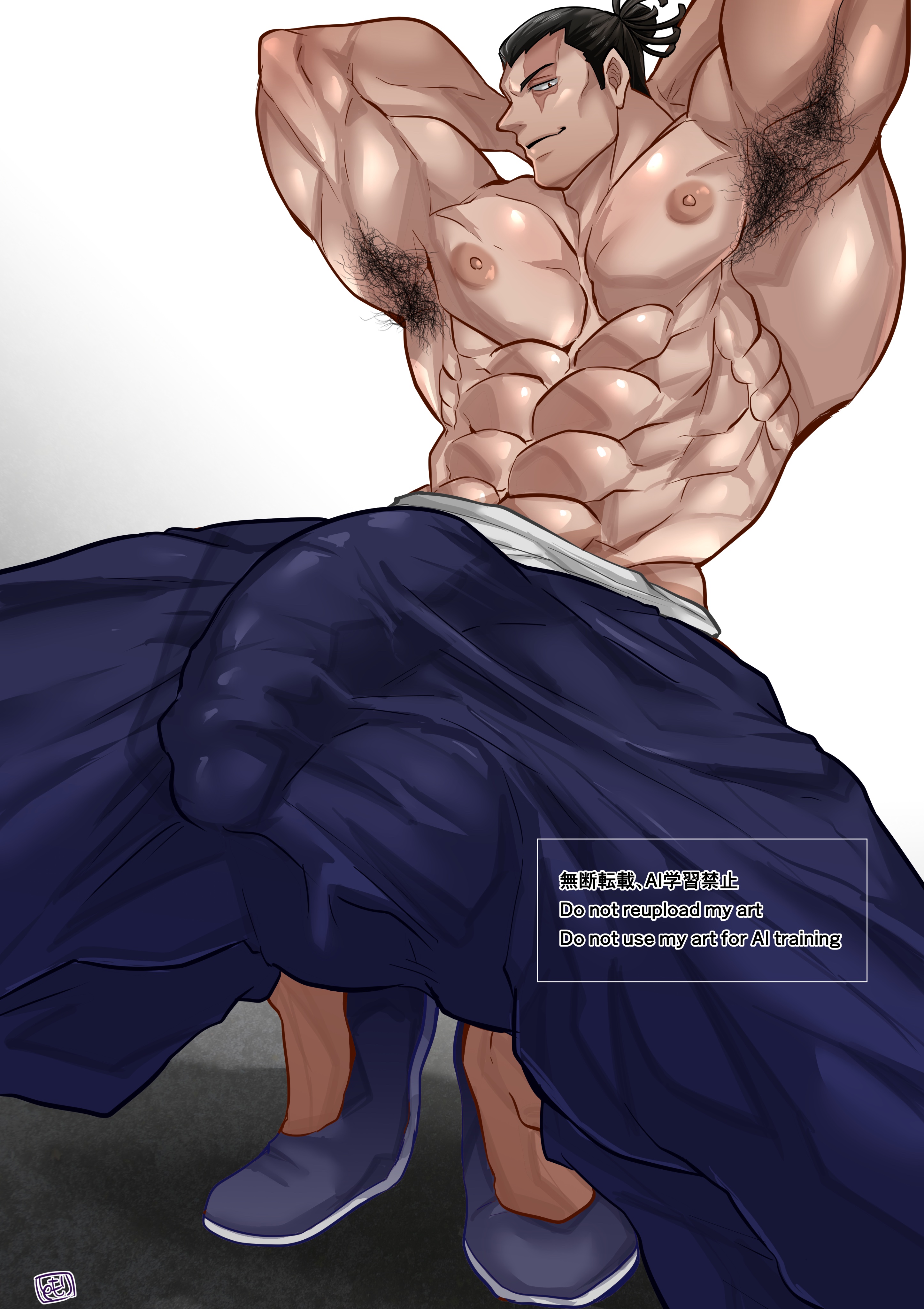 , 1boy, aoi todo, armpit hair, balls, ballsack, bara, bara tiddies, bara tits, barazoku, beefy, big bulge, big dick energy, big penis, bigger male, bodybuilder, broad shoulders, bulge, bulge under clothes, chad, defined jawline, defined muscles, eight pack, enormous penis, exibitionism, flaccid, flaccid bigger, gay, hairy, half-dressed, horny, horny male, huge cock, hunk, hyper muscles, hyper penis, japanese male, jujutsu kaisen, large male, large penis, long penis, looking at viewer, male, male focus, male only, manly, masculine male, massive penis, monster cock, mottirimoto, muscles, muscular, muscular male, penis, penis bulge, penis down, scar, scar across eye, scar on face, solo, solo focus, solo male, tough guy, warning, yaoi