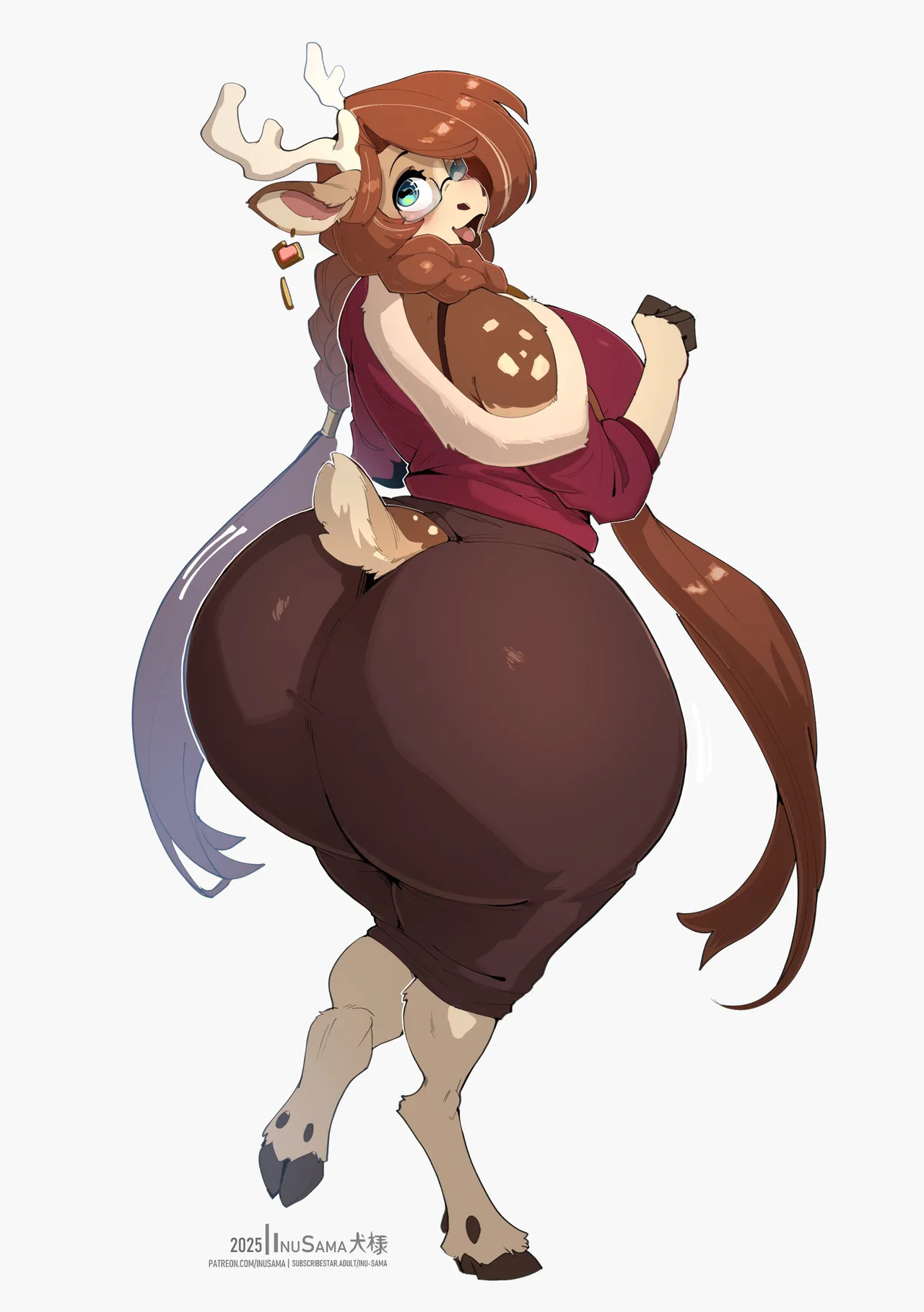 animal ears, animal tail, anthro, anthro female, anthro focus, anthro only, antlers, ass, ass bigger than head, back view, big ass, big breasts, blue eyes, brown fur, brown hair, caribou, caribou ears, caribou girl, caribou tail, clothed, clothed female, clothing, faizenek, female, female anthro, female focus, female only, full body, furry, furry female, furry only, hooves, huge ass, inu-sama, large ass, long hair, looking at viewer, looking back at viewer, rear view, shirt, simple background, siobhan (inu-sama), skirt, smile, smiling, smiling at viewer, solo, solo anthro, solo female, solo focus, tagme, tail, the dogsmith, tight skirt, viewed from behind, white background