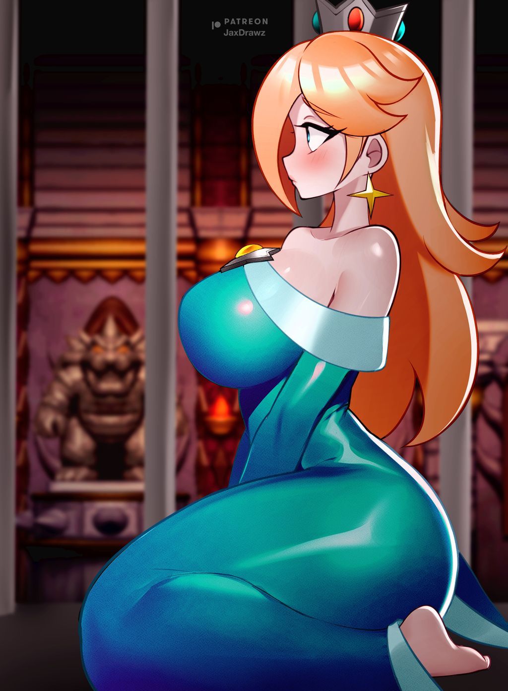 1girl, barefoot, big ass, big breasts, breasts, brooch, crown, earrings, feet, highres, jaxdrawz, jewelry, large breasts, mario (series), princess rosalina, rosalina, silver crown, solo, star (symbol), star brooch, star earrings, super mario galaxy