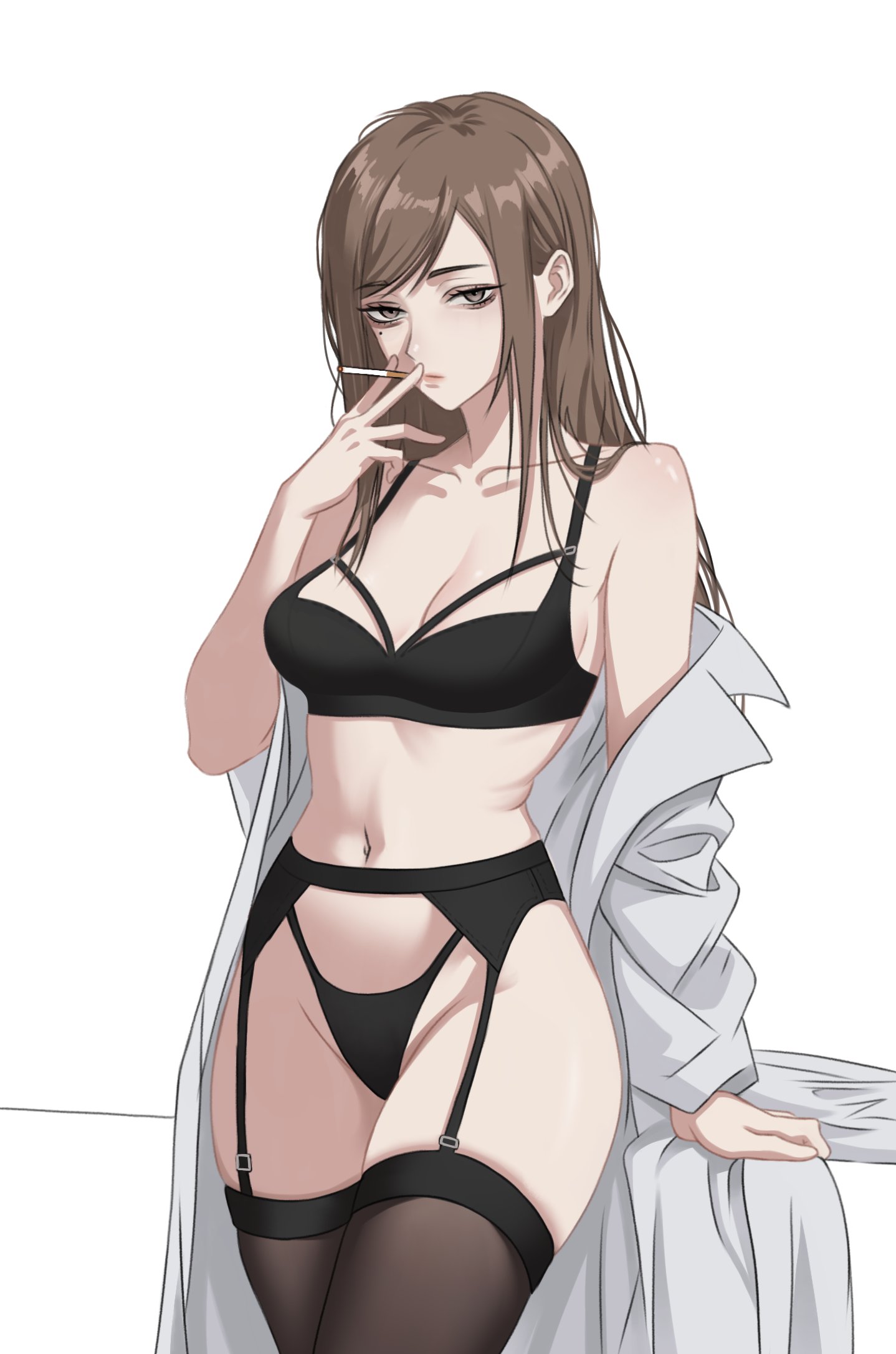 1girl, black bra, black panties, black thighhighs, bra, breasts, brown eyes, brown hair, cameltoe, charlesart, cigarette, coat, collarbone, commentary, english commentary, garter belt, garter straps, highres, holding, holding cigarette, ieiri shoko, jujutsu kaisen, lab coat, long sleeves, medium breasts, mole, mole under eye, navel, open clothes, open coat, panties, pcharlesart, shoko ieiri, simple background, solo, thighhighs, underwear, white background, white coat