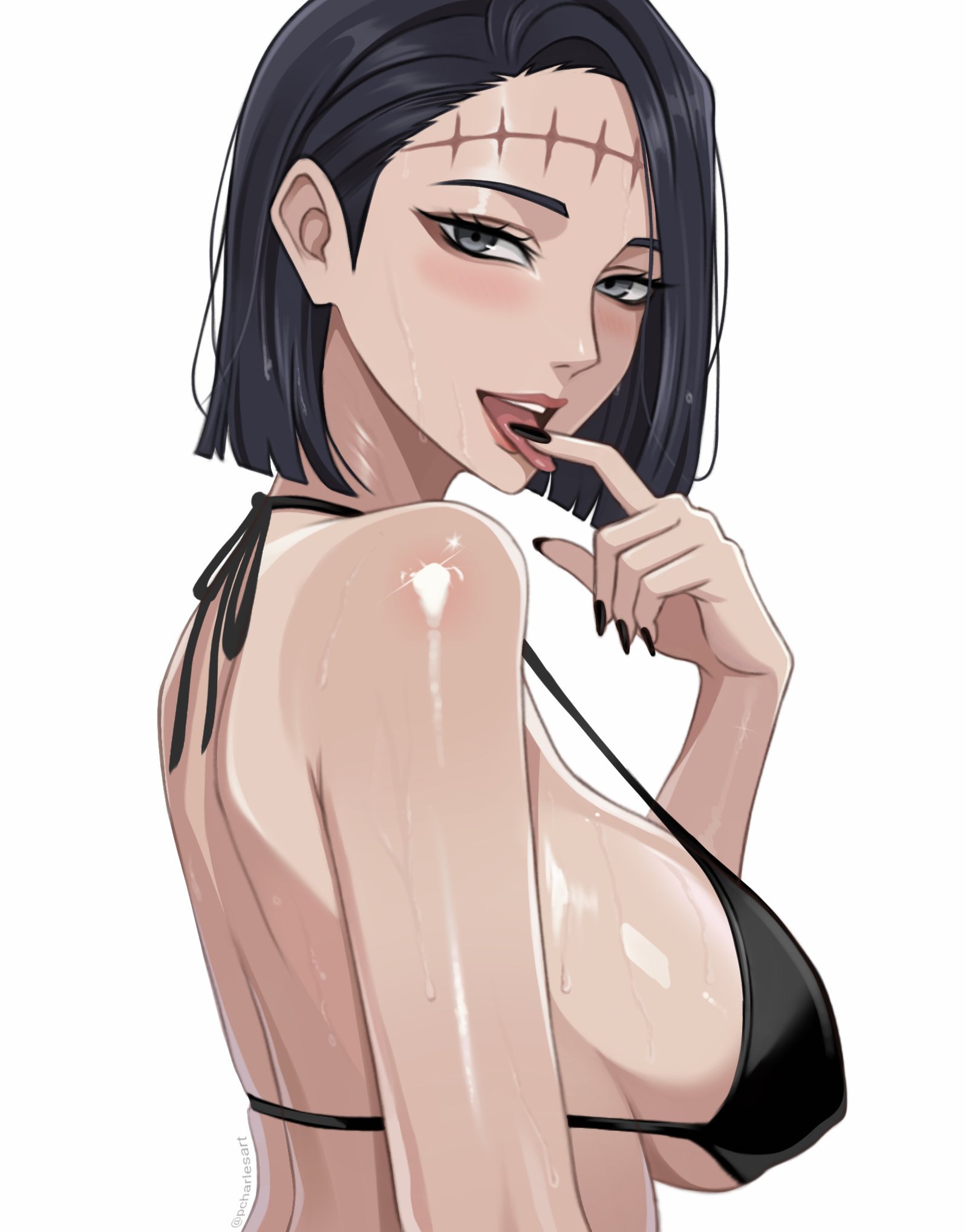 1girl, bare shoulders, bikini, black bikini, black nails, breasts, charlesart, commentary, finger to tongue, grey eyes, hair behind ear, halterneck, highres, itadori kaori, jujutsu kaisen, kenjaku, large breasts, looking at viewer, pcharlesart, scar, scar on face, scar on forehead, short hair, sideboob, simple background, solo, stitched forehead, stitches, strap gap, sweat, swimsuit, tongue, tongue out, white background