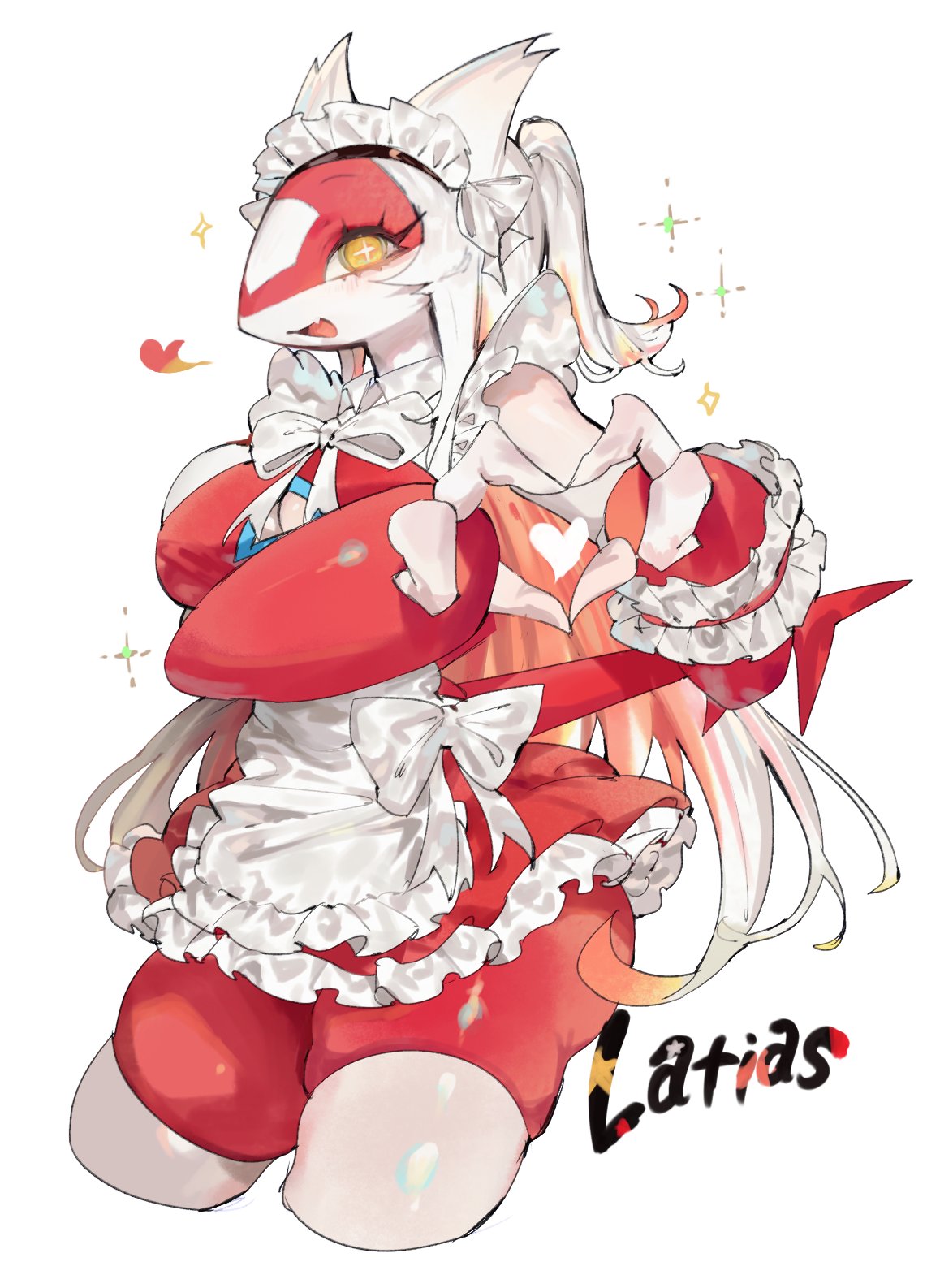 <3, 1girls, 3 fingers, anthro, blush, english text, eyelashes, female, female only, generation 3 pokemon, heart hands, hi res, latias, long hair, looking at viewer, maid headdress, maid uniform, nintendo, pokemon, pokemon (species), red hair, smiling, smiling at viewer, solo, symbol-shaped pupils, text, thick thighs, thigh squish, thighhighs, toge77789, togetoge, two-tone hair, white background, white hair, white thighhighs, x-shaped pupils, yellow eyes