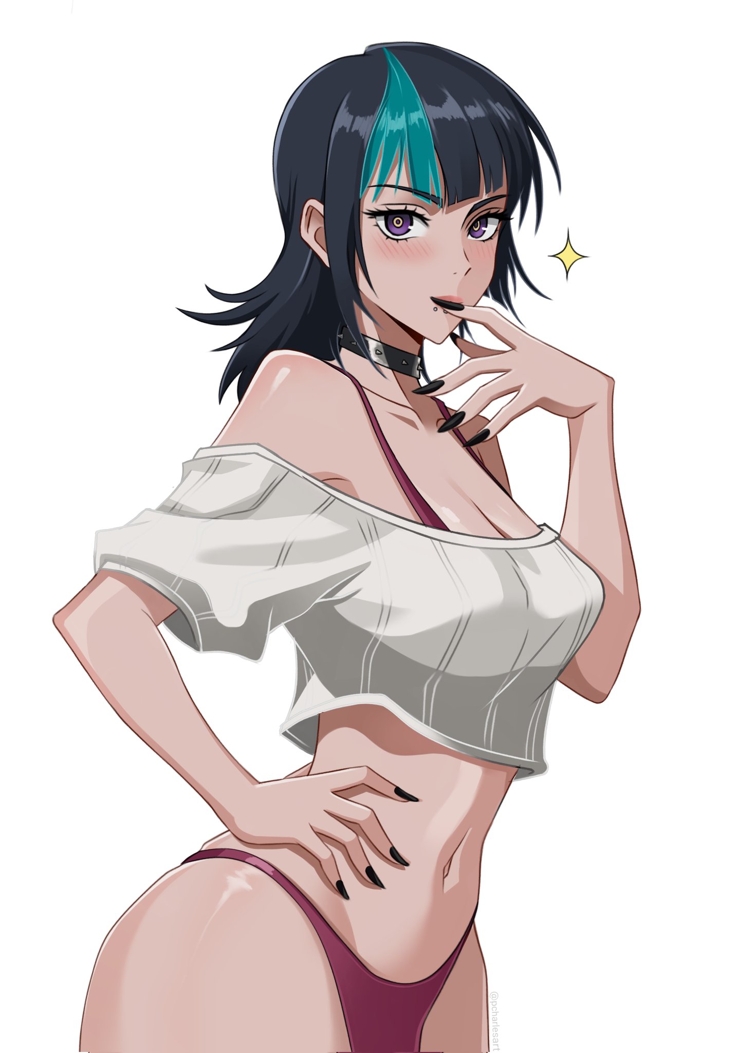 1futa, bikini, bikini under clothes, black hair, blue streaks, breasts, bulge, charlesart, chin piercing, cleavage, clothed, clothing, collar, curvy, dahlia (piercing), erection, face piercing, futanari, hand on own hip, highres, hoshi kirara, human, jujutsu kaisen, light skin, lip piercing, medium breasts, multicolored hair, partially clothed, pcharlesart, piercing, shiny skin, solo, spiked collar, spikes, streaked hair, stretching, swimsuit, thong