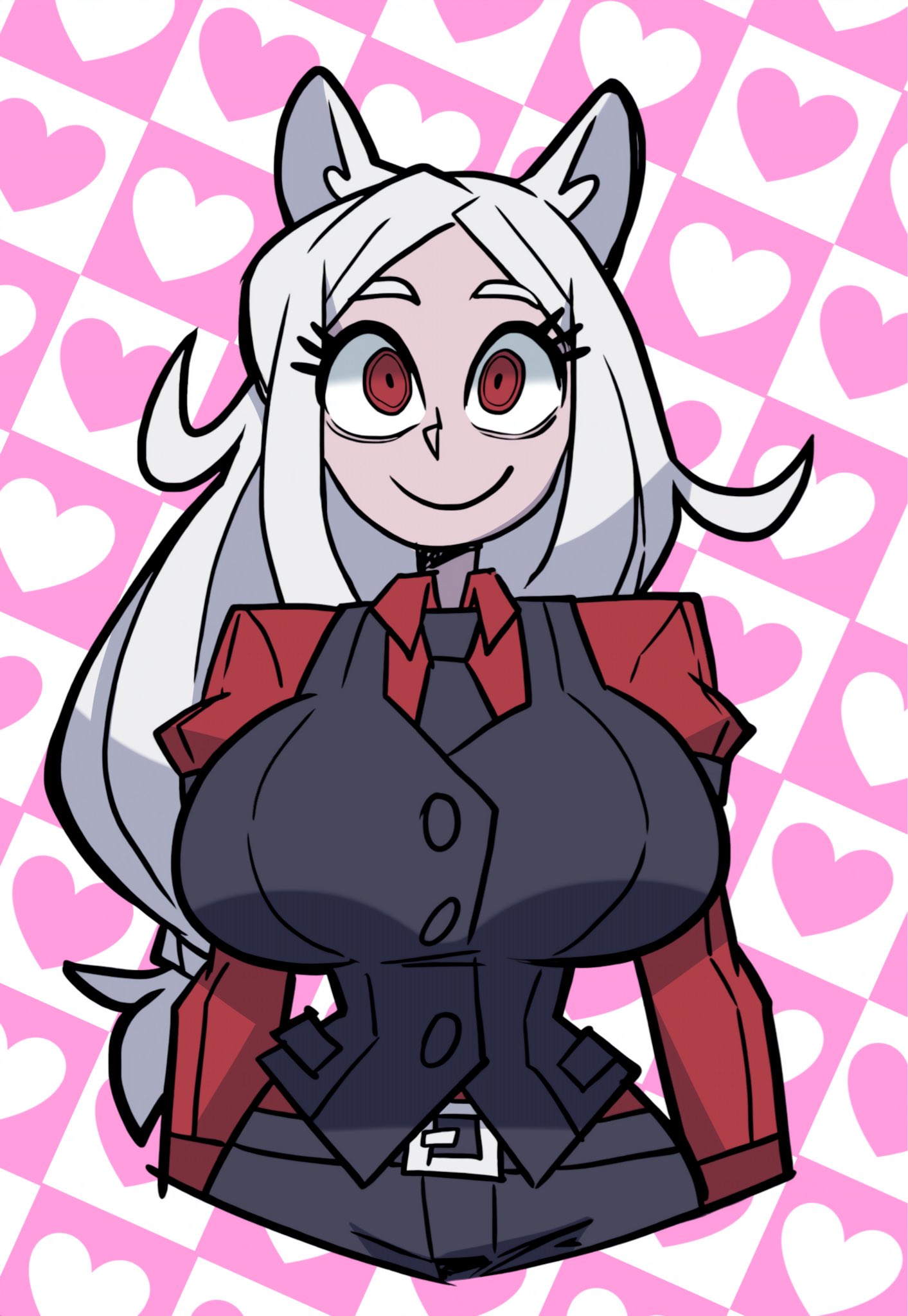 1girls, 2026, alternate breast size, animal ears, animal humanoid, belt, big breasts, black clothing, blazer, breasts, business suit, business woman, busty, canine, canine humanoid, cerberus (helltaker), cleavage, clothed, clothed female, clothing, cowboy shot, curvaceous, curvy, demon, demon girl, demon humanoid, dog, dog ears, dog girl, dress shirt, female, front view, fully clothed, grey body, grey skin, hair, heart background, helltaker, hi res, hourglass figure, huge breasts, humanoid, large breasts, long hair, looking at viewer, mammal, mammal humanoid, necktie, parallaxfused, parted bangs, pink background, red clothing, red eyes, smile, smiling, smiling at viewer, solo, standing, tied hair, white hair, wide hips