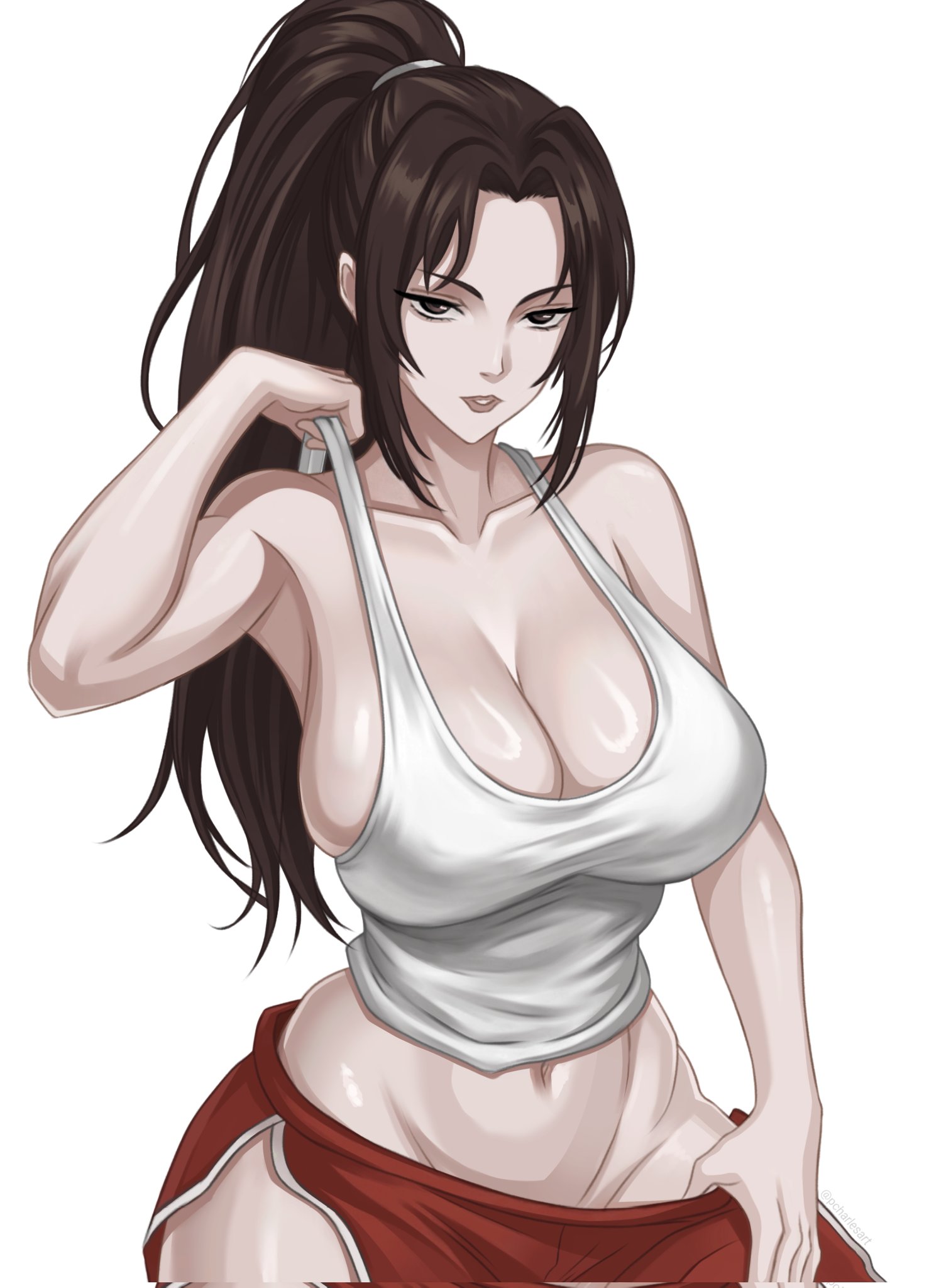 1girl, breasts, brown eyes, brown hair, charlesart, cleavage, fatal fury, gym shorts, high ponytail, highres, hip bones, large breasts, long hair, looking at viewer, mai shiranui, mai shiranui (casual), navel, pcharlesart, ponytail, red shorts, shiny skin, short shorts, shorts, smile, solo, spaghetti strap, street fighter, street fighter 6, tank top, the king of fighters, white tank top, wide hips