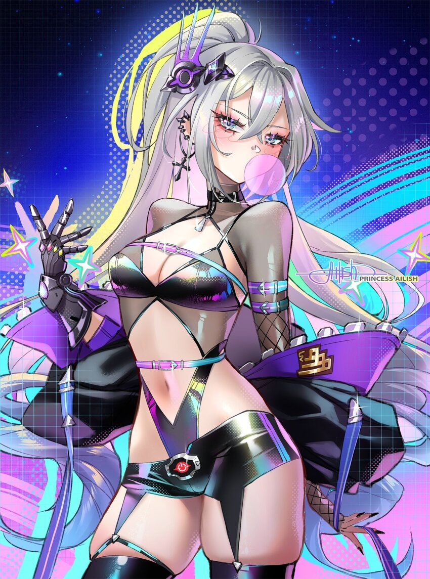 1girl, absurdres, alternate costume, armor, beautiful, belly, belly button, belt, bikini, black leotard, black shorts, black thighhighs, blowing bubble gum, blue bikini, blush, bra, breasts, bubble gum, chewing gum, choker, cleavage, collar, collarbone, commentary, detailed background, ear piercing, earrings, female, female focus, female only, fingernails, gamer girl, gauntlets, gorgeous, grey eyes, grey hair, hair between eyes, hair ornament, hand up, highres, hips, hips wider than shoulders, honkai (series), honkai: star rail, jacket, leotard, long hair, looking at viewer, mechanical gloves, medium breasts, multicolored underwear, nail polish, navel, panties, petite, petite body, petite female, princess ailish, retro, short shorts, shorts, signature, silver eyes, silver hair, silver wolf (honkai: star rail), silver wolf (lv.999) (honkai: star rail), single gauntlet, small breasts, solo, stomach, swimsuit, thick thighs, thighhighs, thighs, thong, thong bikini, very long hair
