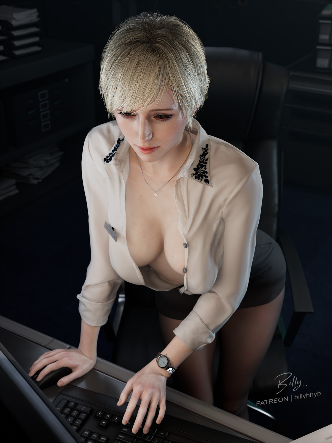 1girls, 3d, 3d model, 3d render, billyhhyb, blonde female, blonde hair, capcom, cleavage, cleavage cutout, cleavage focus, hourglass figure, hourglass figured female, leaning forward, medium breasts, medium hair, milf, necklace, pantyhose, post-timeskip, resident evil, resident evil 9: requiem, sherry birkin, short hair, skirt, slim waist, solo, stockings, tight clothing, tight fit, unbuttoned, unbuttoned shirt, unbuttoned topwear, watch, wide hips
