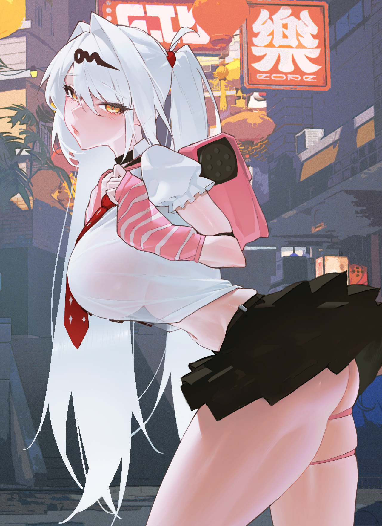 1girls, afternoir, angels of delusion, armwear, ass, backpack, big ass, big breasts, big butt, black skirt, bottomwear, breasts, bursting breasts, clothes too small, cosplay, detached sleeves, female, female only, hair, hairclip, miniskirt, necktie, neckwear, parted lips, shirt, short skirt, sideboob, skirt, solo, solo female, sunna (zenless zone zero) (cosplay), thick thighs, thigh strap, thighs, too old for this, topwear, twintails, white hair, white shirt, yellow eyes, yixuan (zenless zone zero), zenless zone zero
