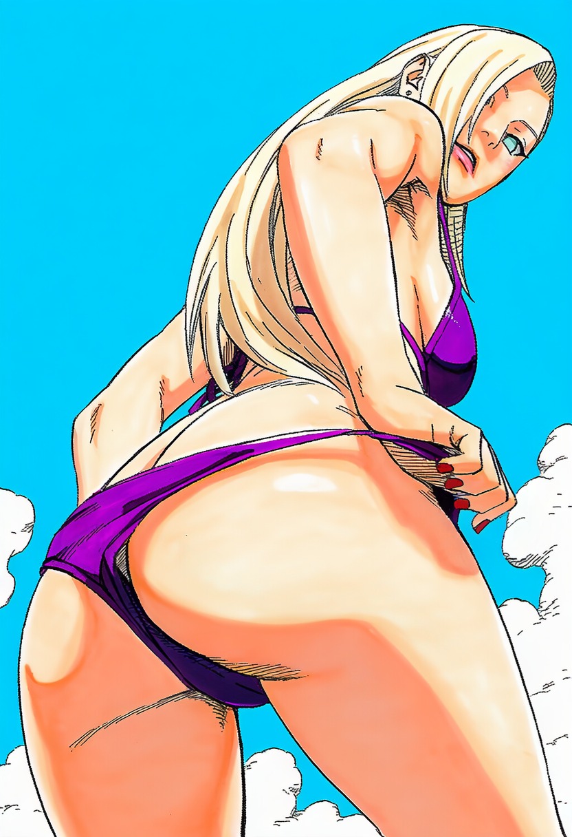 1girls, accurate art style, accurate body type, adjusting swimsuit, ai generated, aqua eyes, ass, ass focus, back, bare shoulders, beach, bikini bottom, bikini pull, bikini top, blonde female, blonde hair, blue eyes, blue sky, breasts, butt crack, clothes pull, clothing, cloud, cloudy sky, colored nails, day, earrings, female focus, female only, foreshortening, from behind, full color, hair over one eye, high resolution, highres, ino yamanaka, jewelry, large breasts, light skin, light-skinned female, line art, lips, lipstick, long hair, looking at viewer, looking back, looking down, low-angle view, makeup, manga style, masashi kishimoto style, medium breasts, nail polish, naruto, naruto (series), naruto shippuden, no pupils, ocean, official style, outdoors, parted lips, pulled by self, purple bikini, red nails, sand, scenery, shiny hair, shiny skin, sideboob, sky, smile, soft shading, solo, solo focus, stud earrings, swimsuit, teeth, teeth showing, thighs, thin eyebrows, waifu, water